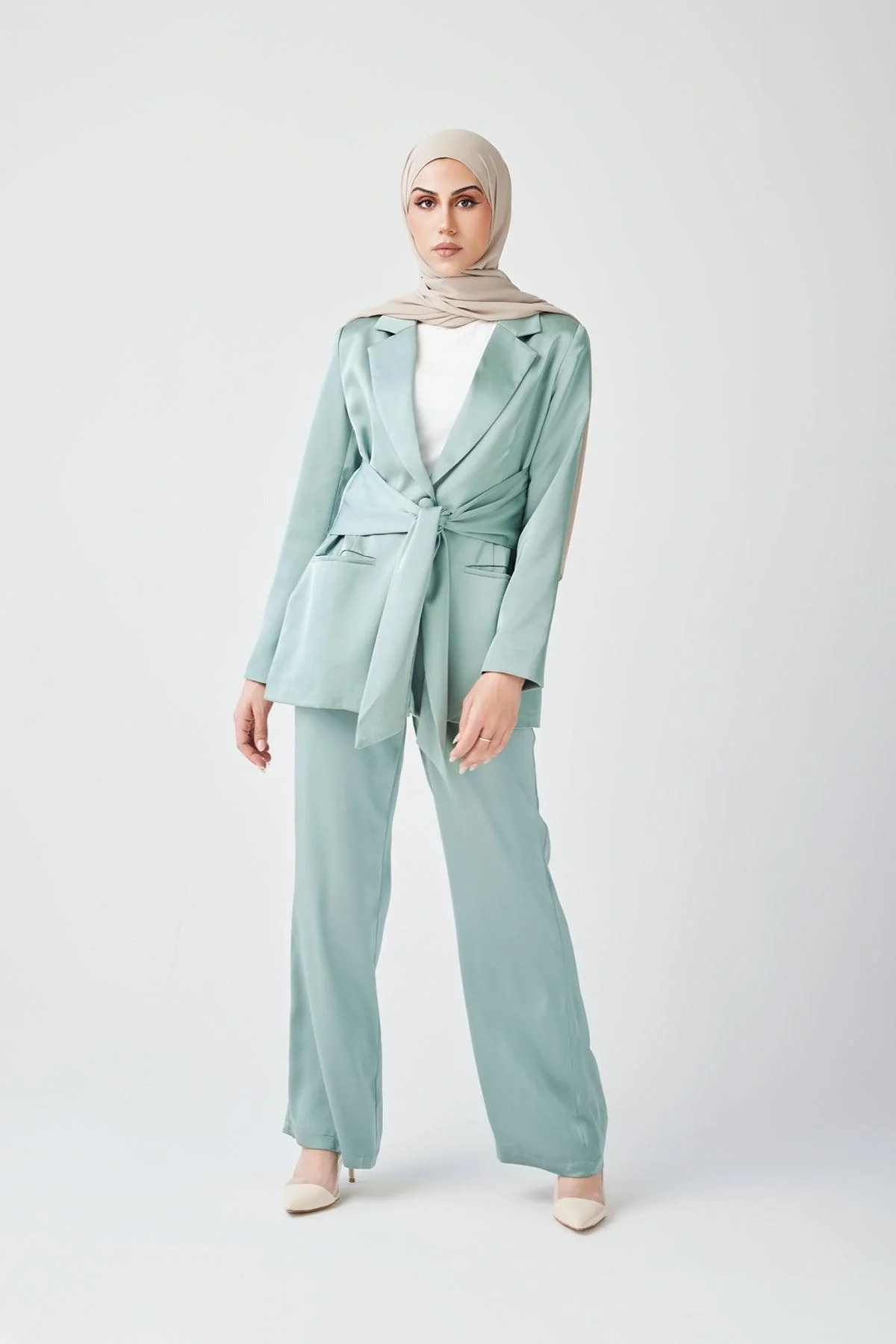 Adele Tie Waist Blazer - Sage - Image 2