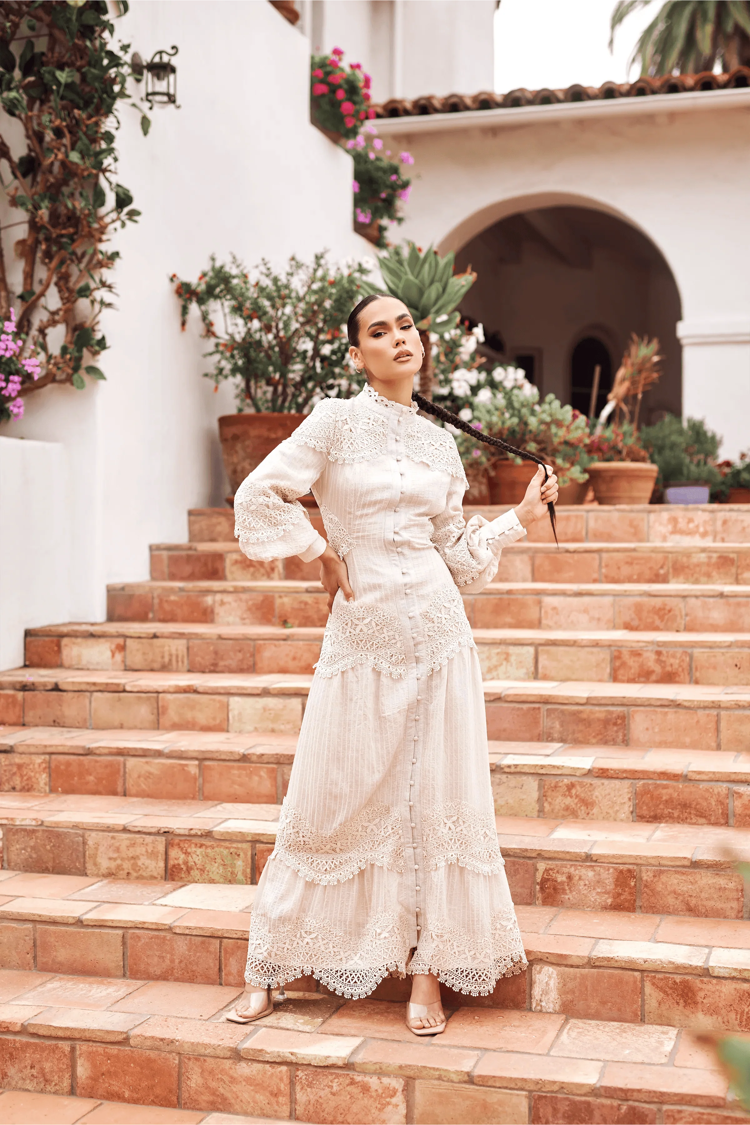 Amanda Lace Ribbed Cotton Maxi Dress - Cream - Image 3