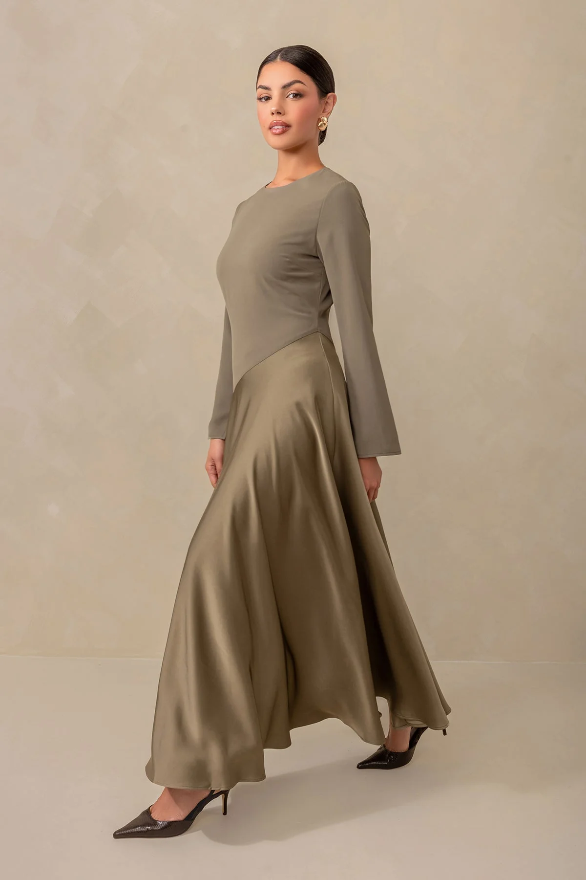 Anastasia Asymmetric Long Sleeve Maxi Dress - Olive - Image 3