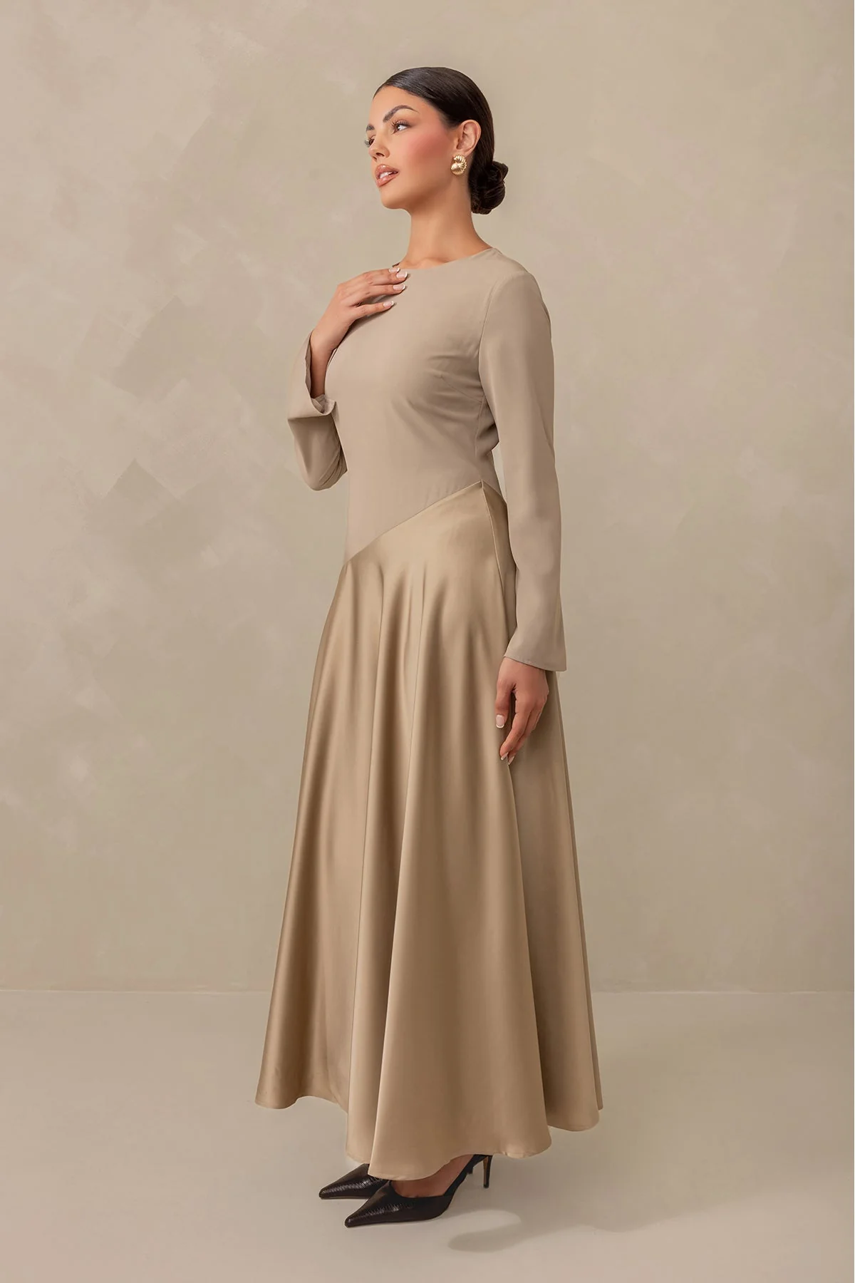 Anastasia Asymmetric Long Sleeve Maxi Dress - Taupe - Image 5