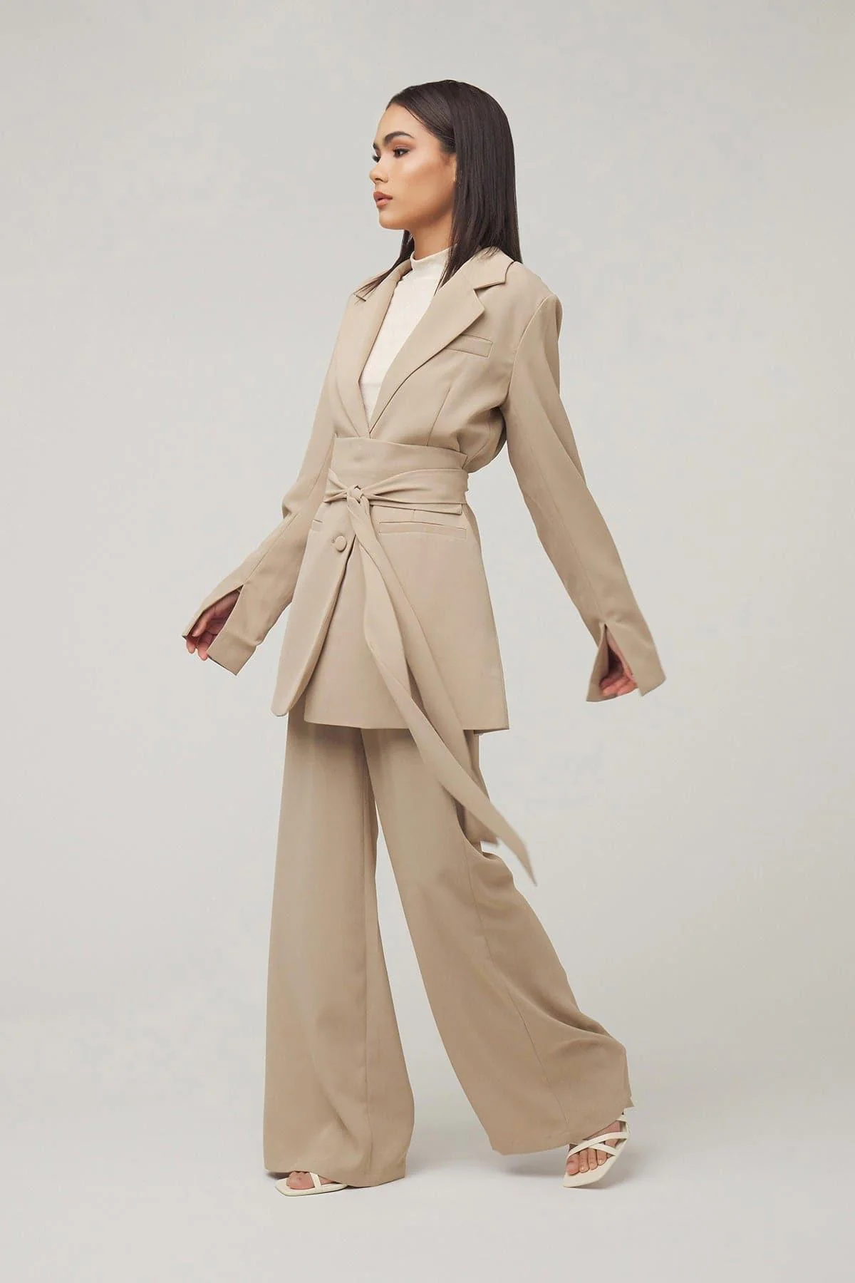 Carolina Tie Waist Blazer - Taupe - Image 2