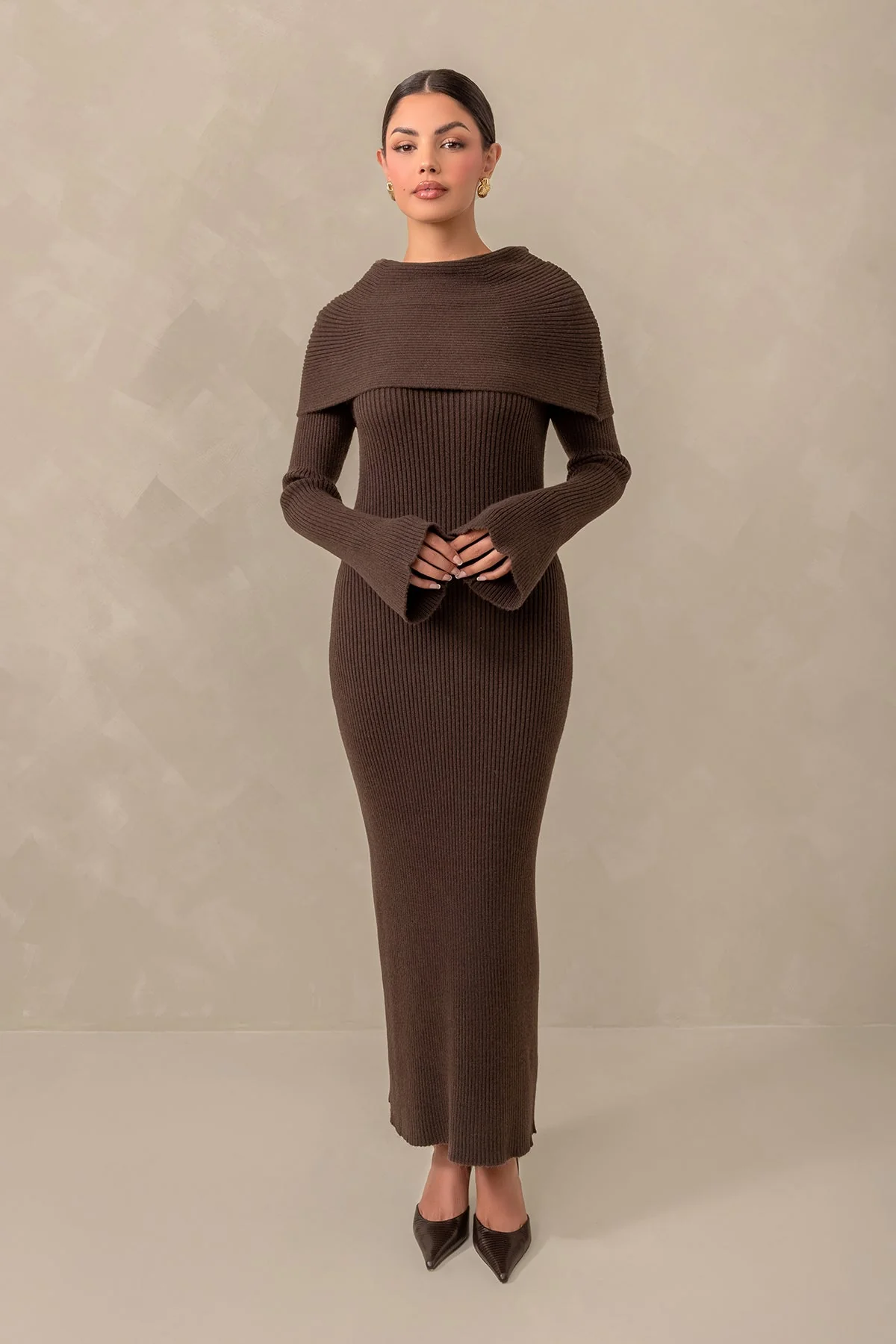 Cassandra Over the Shoulder Knit Dress - Brown - Image 2
