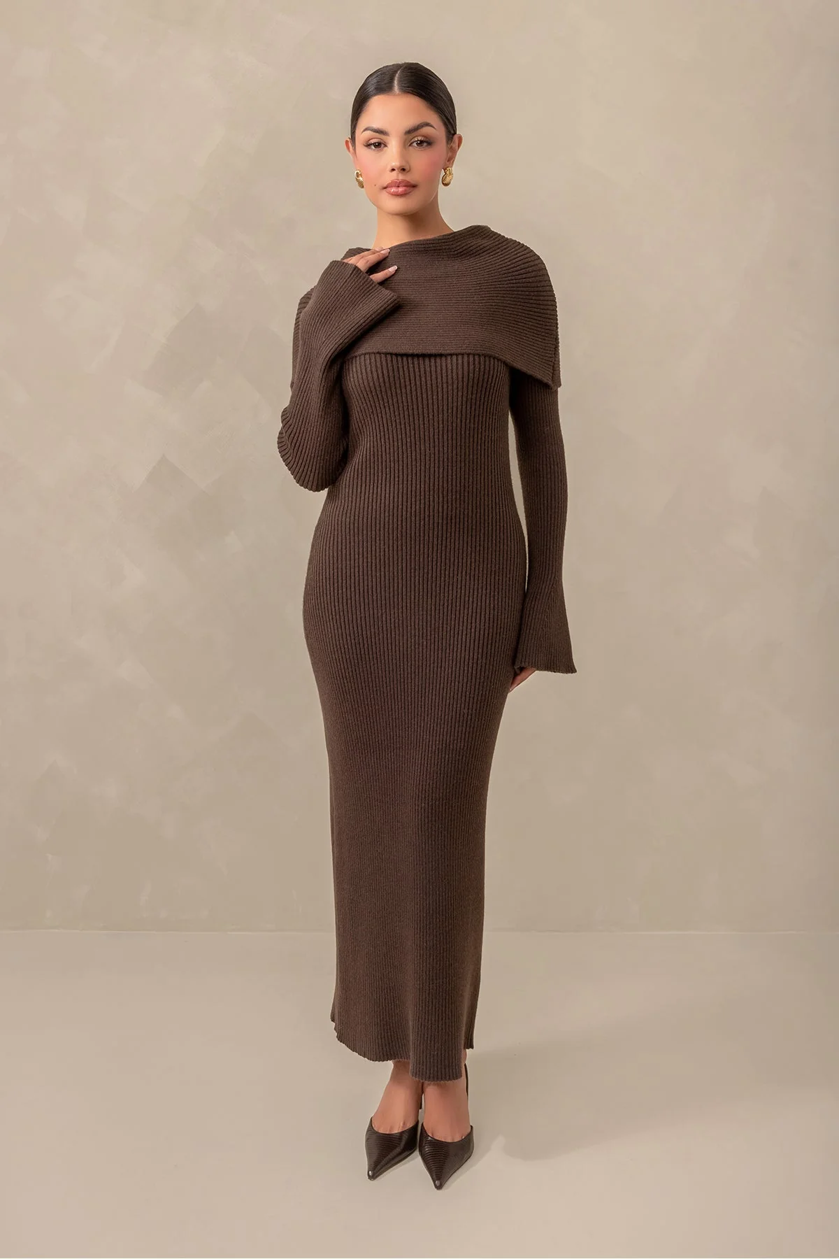 Cassandra Over the Shoulder Knit Dress - Brown - Image 3