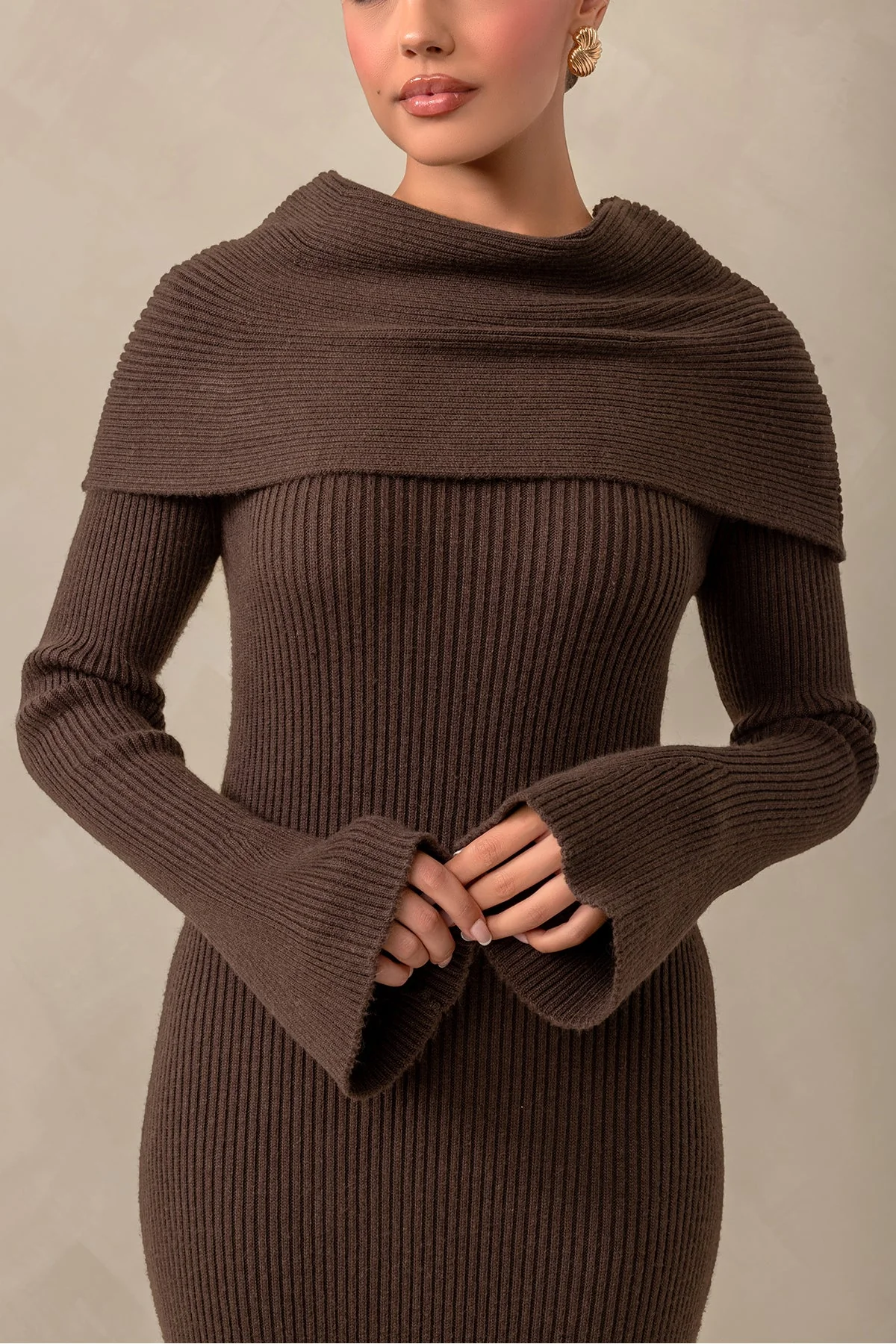 Cassandra Over the Shoulder Knit Dress - Brown - Image 5