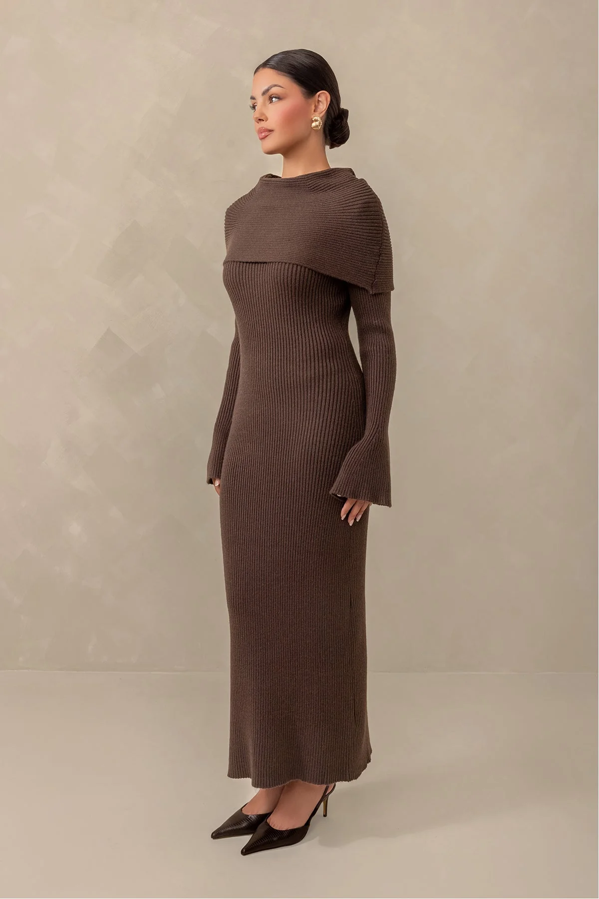 Cassandra Over the Shoulder Knit Dress - Brown - Image 6