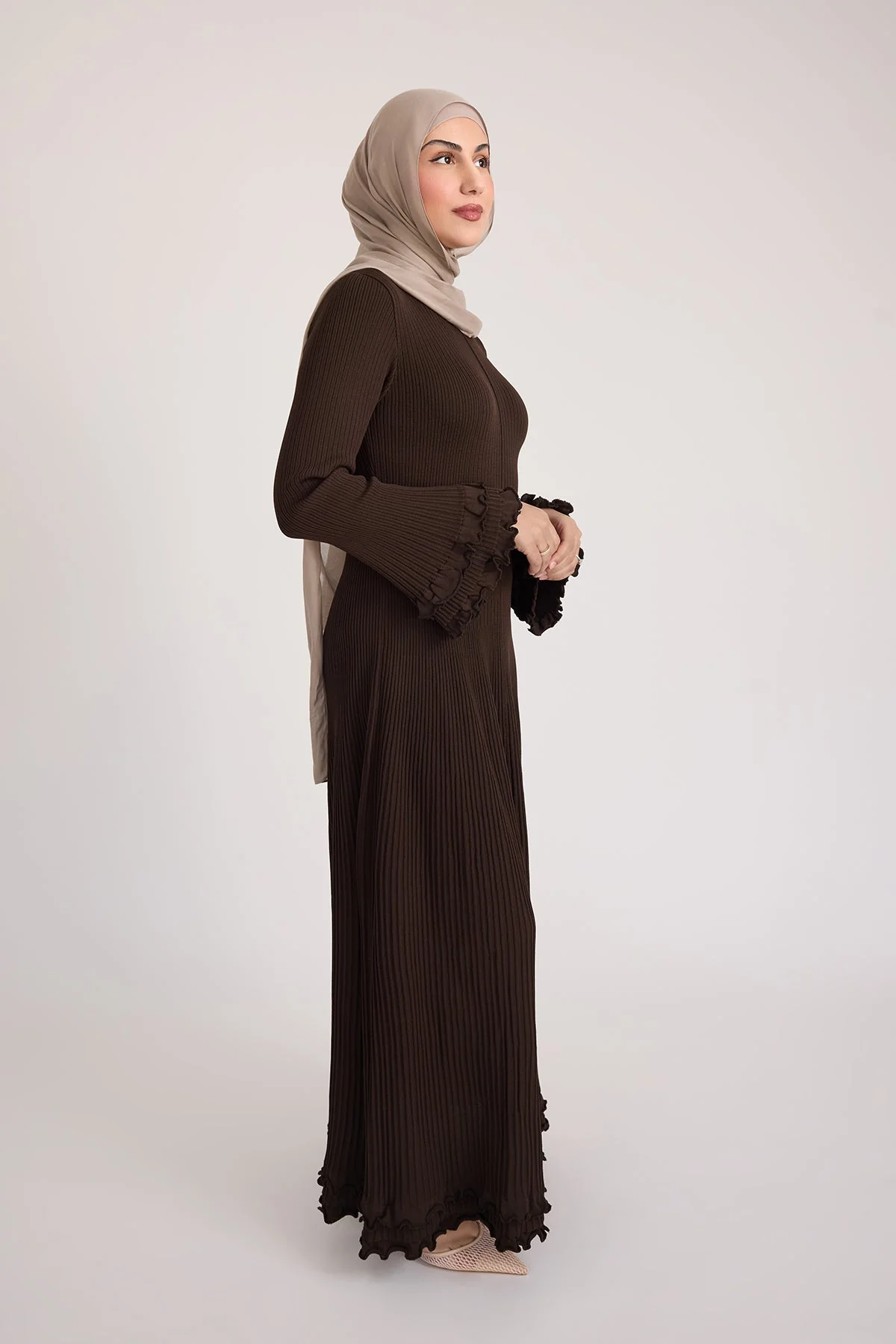 Isadora Ruffle Knit Long Sleeve Maxi Dress- Brown - Image 10