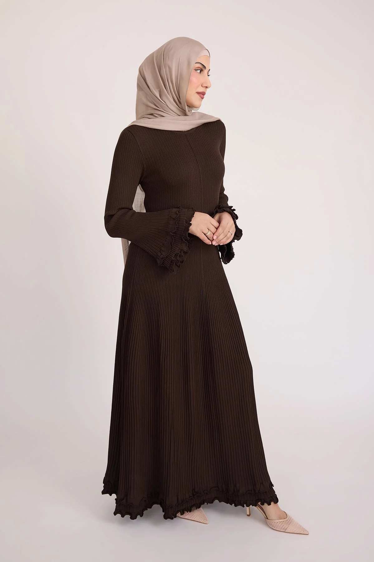 Isadora Ruffle Knit Long Sleeve Maxi Dress- Brown - Image 11