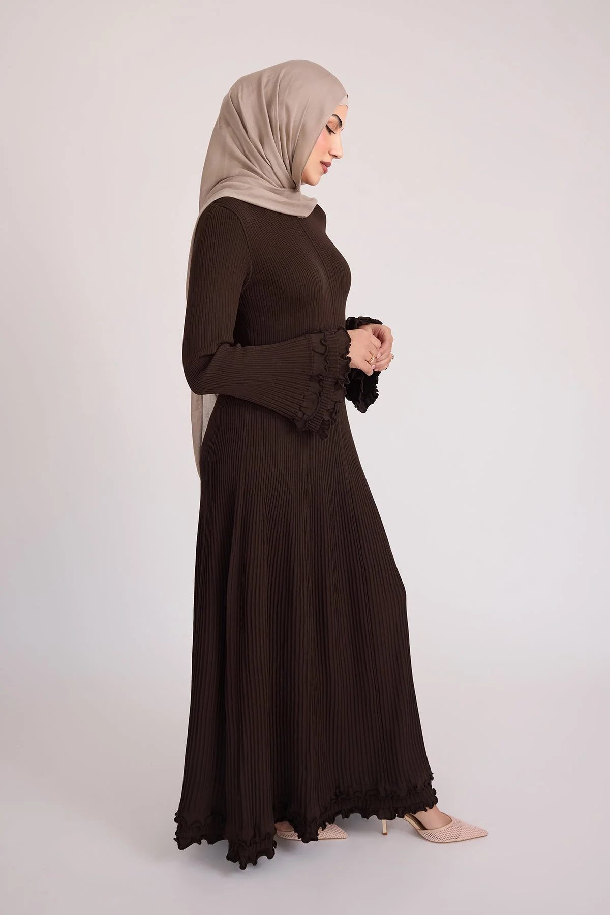 Isadora Ruffle Knit Long Sleeve Maxi Dress- Brown - Image 12