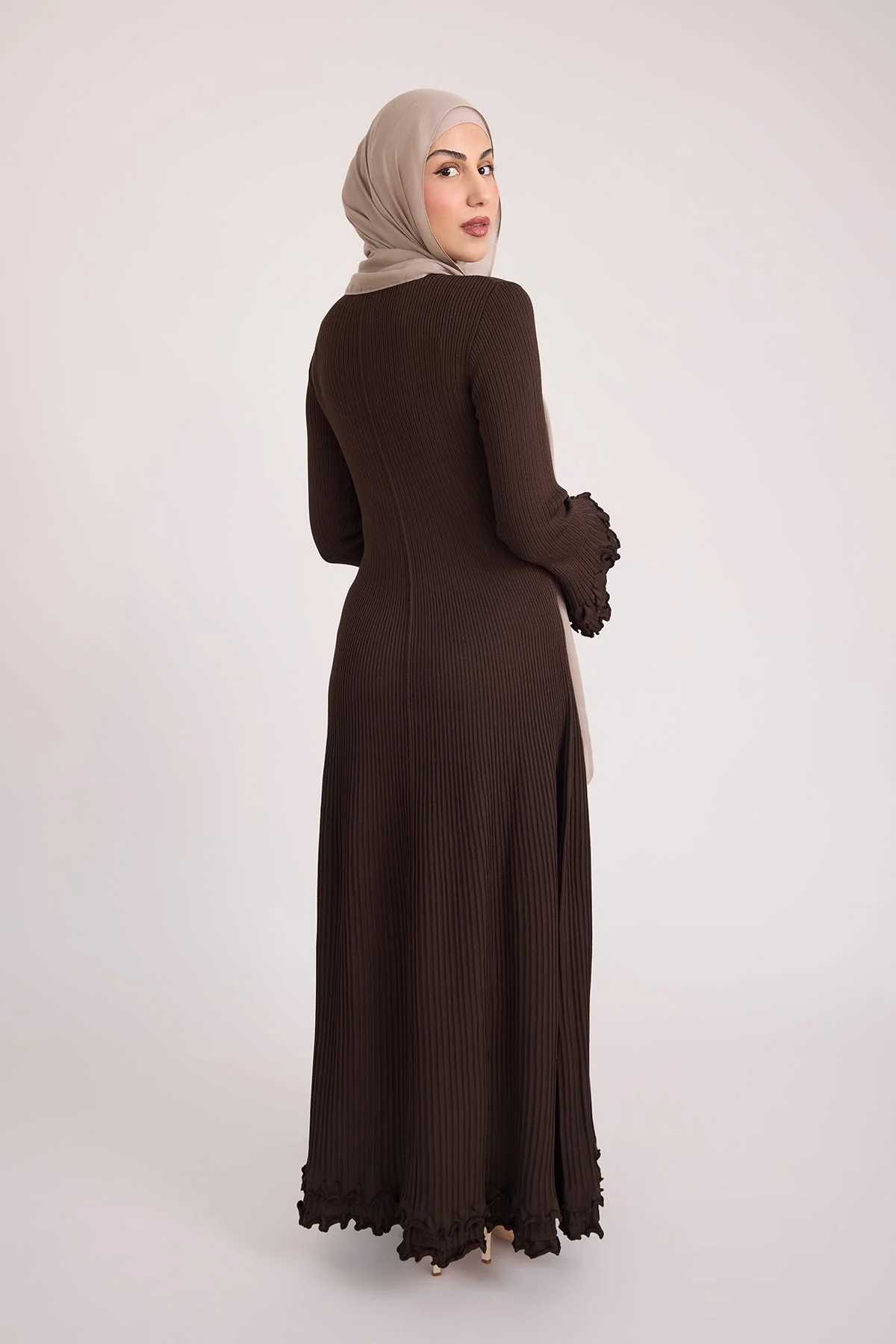 Isadora Ruffle Knit Long Sleeve Maxi Dress- Brown - Image 13