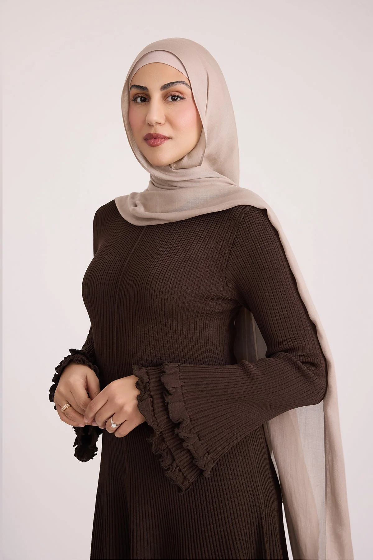 Isadora Ruffle Knit Long Sleeve Maxi Dress- Brown - Image 5