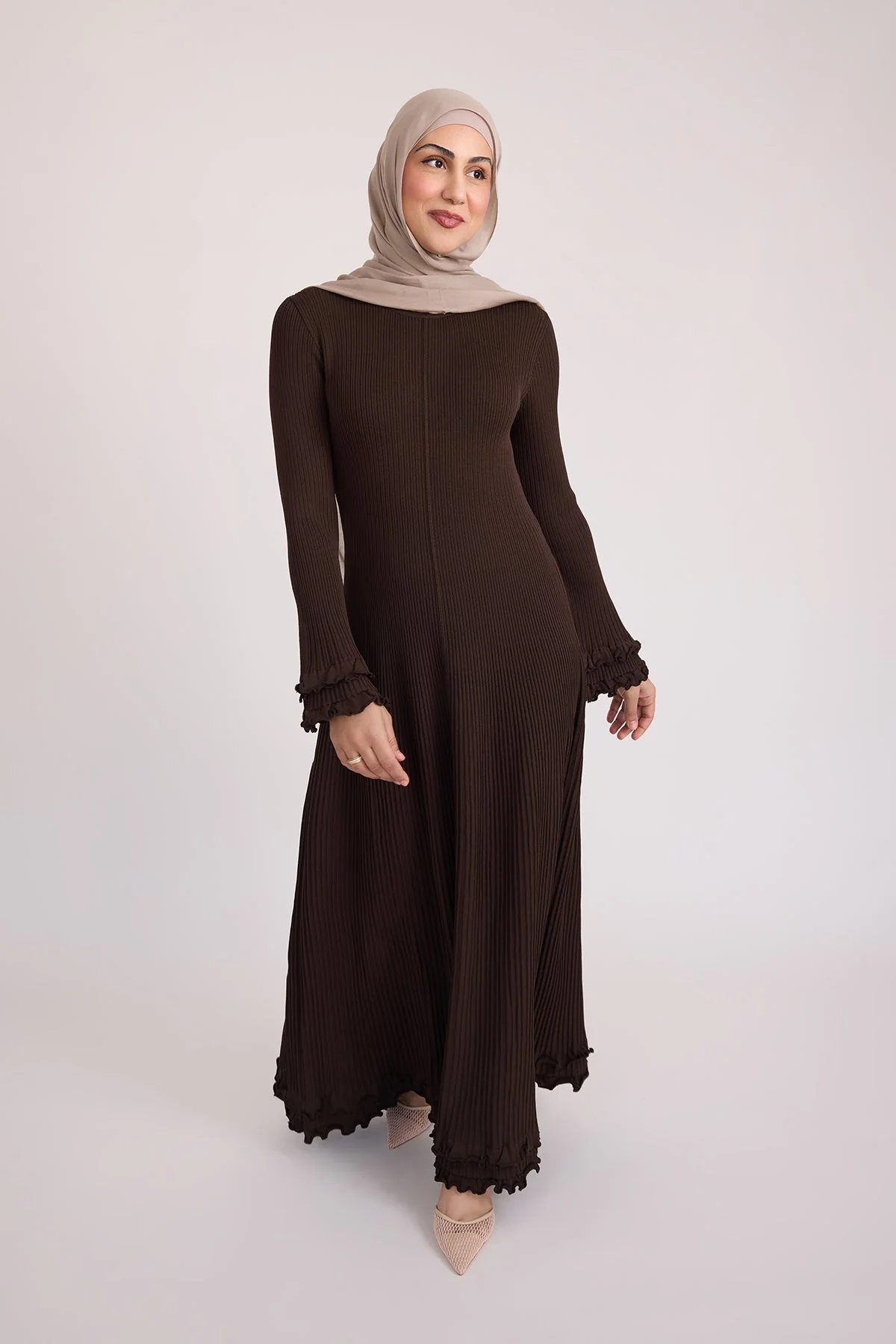 Isadora Ruffle Knit Long Sleeve Maxi Dress- Brown - Image 6