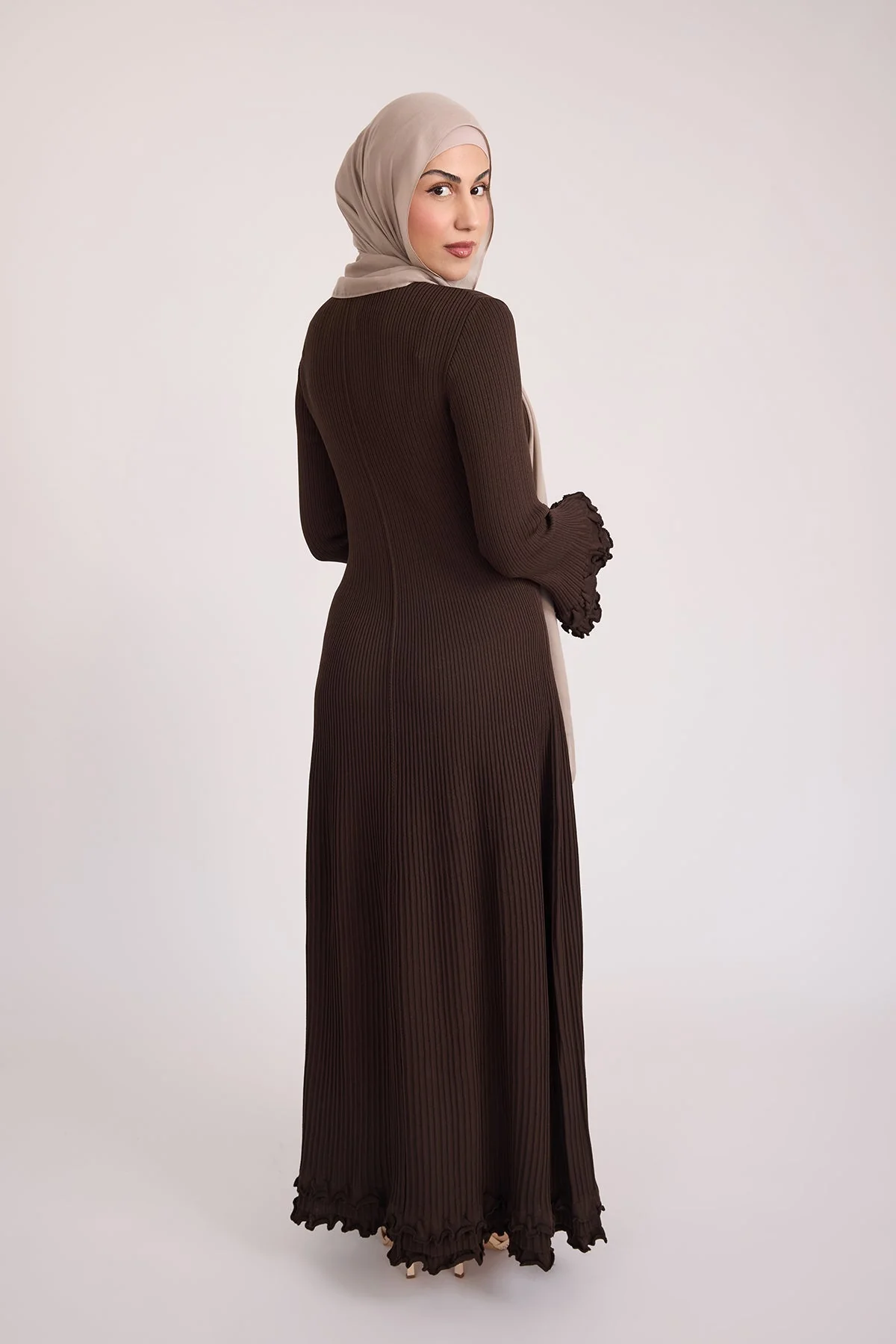 Isadora Ruffle Knit Long Sleeve Maxi Dress- Brown - Image 7