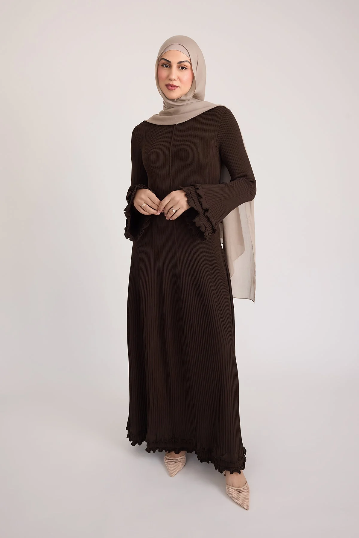 Isadora Ruffle Knit Long Sleeve Maxi Dress- Brown - Image 8