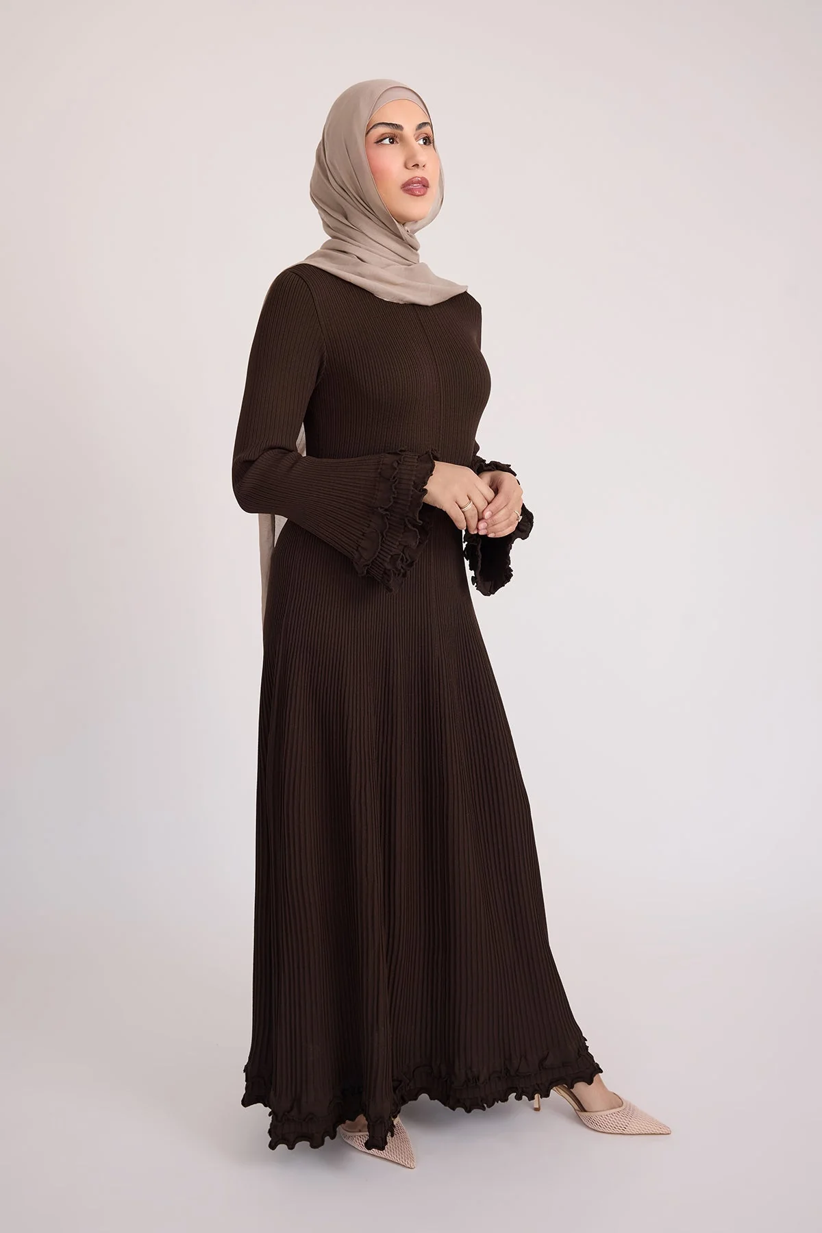 Isadora Ruffle Knit Long Sleeve Maxi Dress- Brown - Image 9