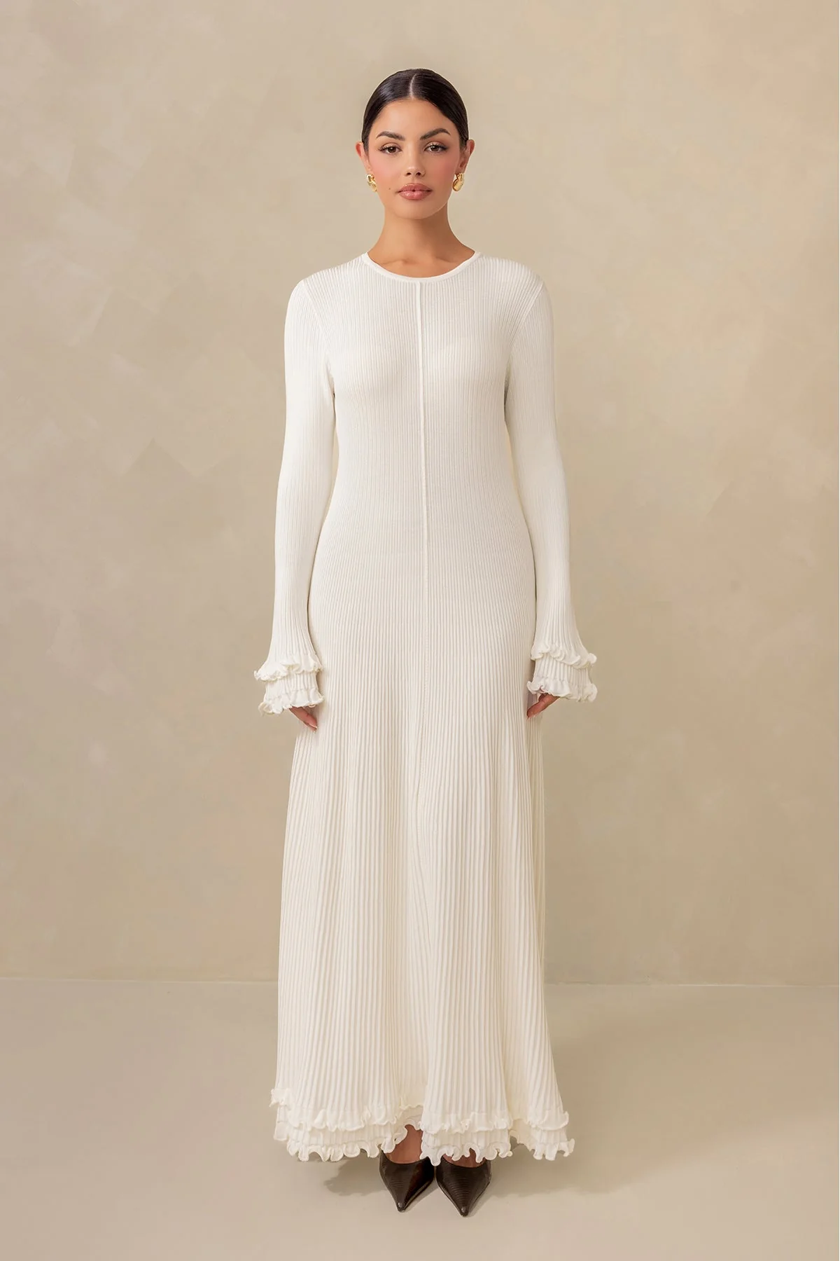 Isadora Ruffle Knit Long Sleeve Maxi Dress - Cream - Image 3
