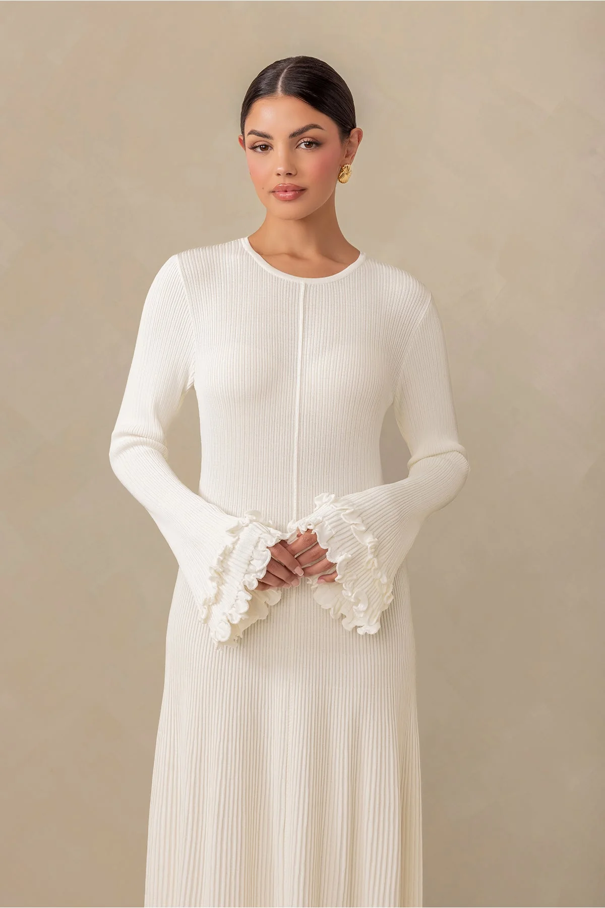Isadora Ruffle Knit Long Sleeve Maxi Dress - Cream - Image 4
