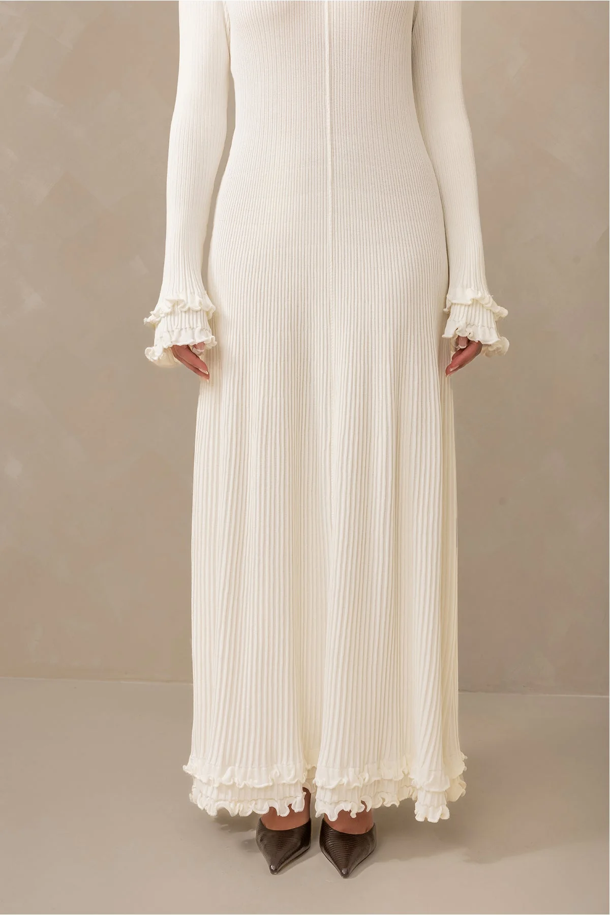 Isadora Ruffle Knit Long Sleeve Maxi Dress - Cream - Image 6