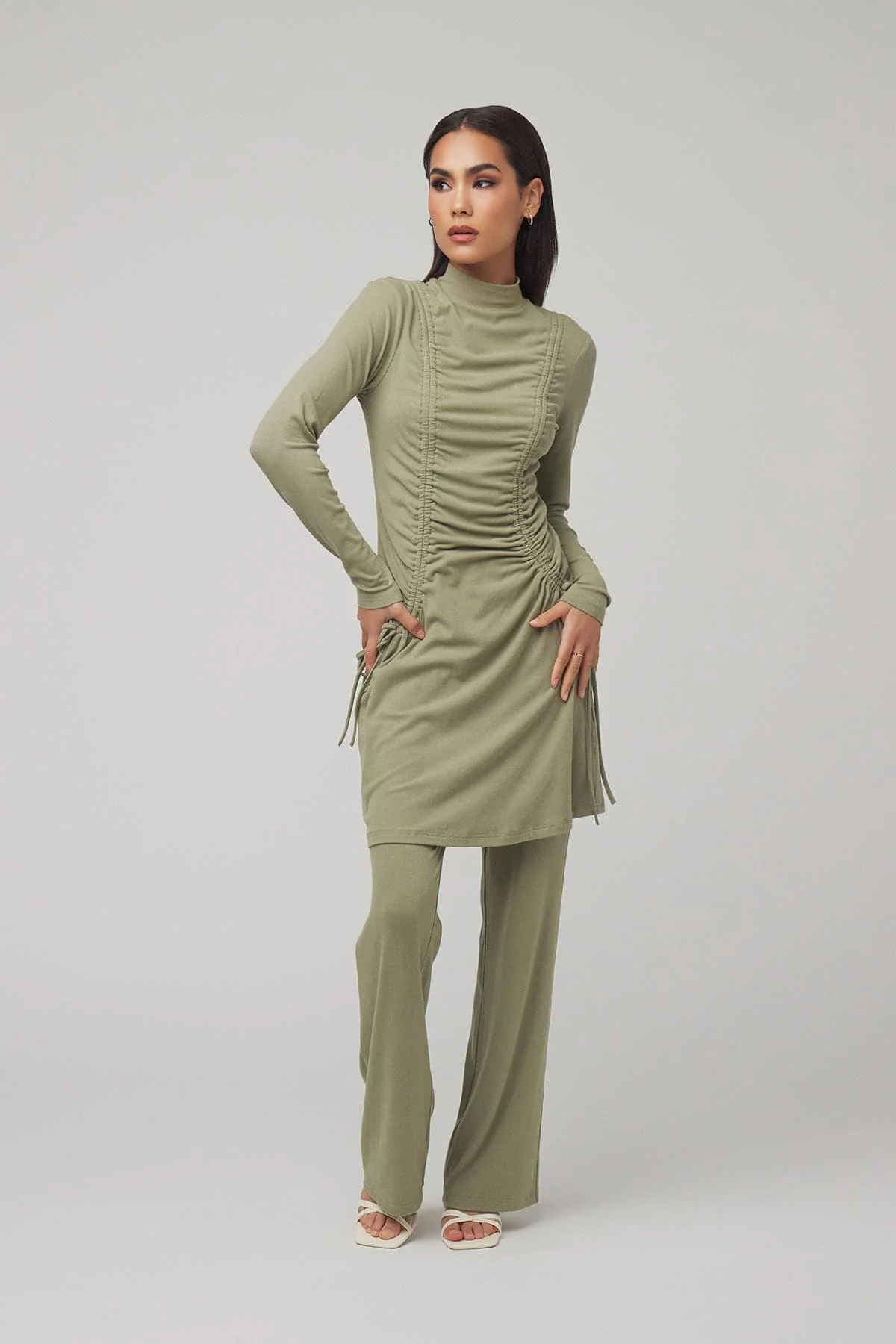 Israa Ribbed Ruched Matching Set - Sage Green