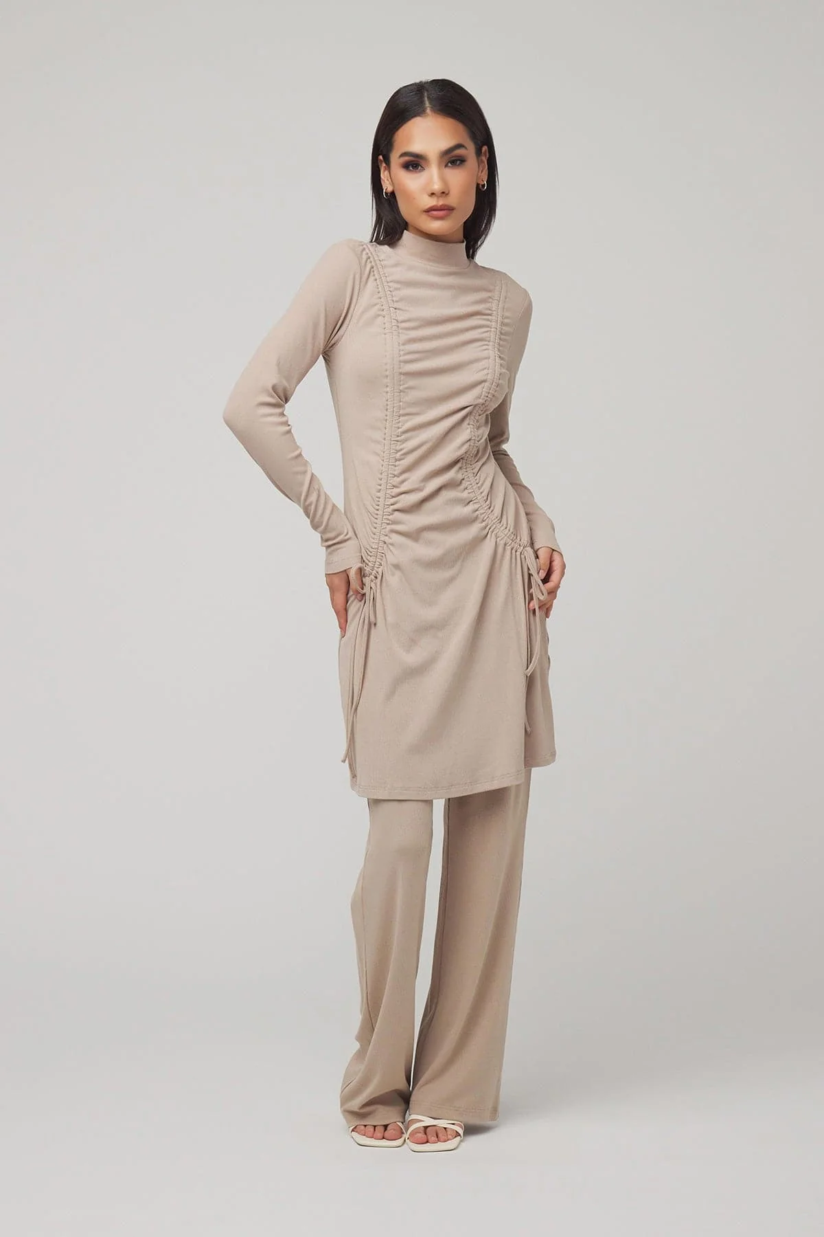 Israa Ribbed Ruched Matching Set - Sand