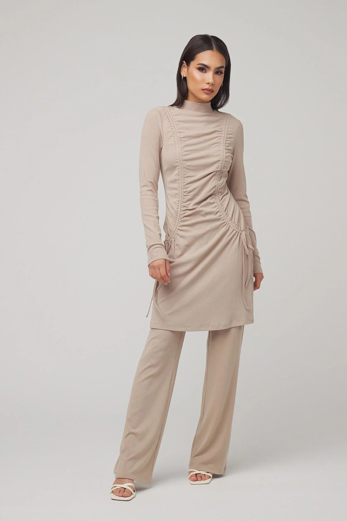 Israa Ribbed Ruched Matching Set - Sand - Image 2