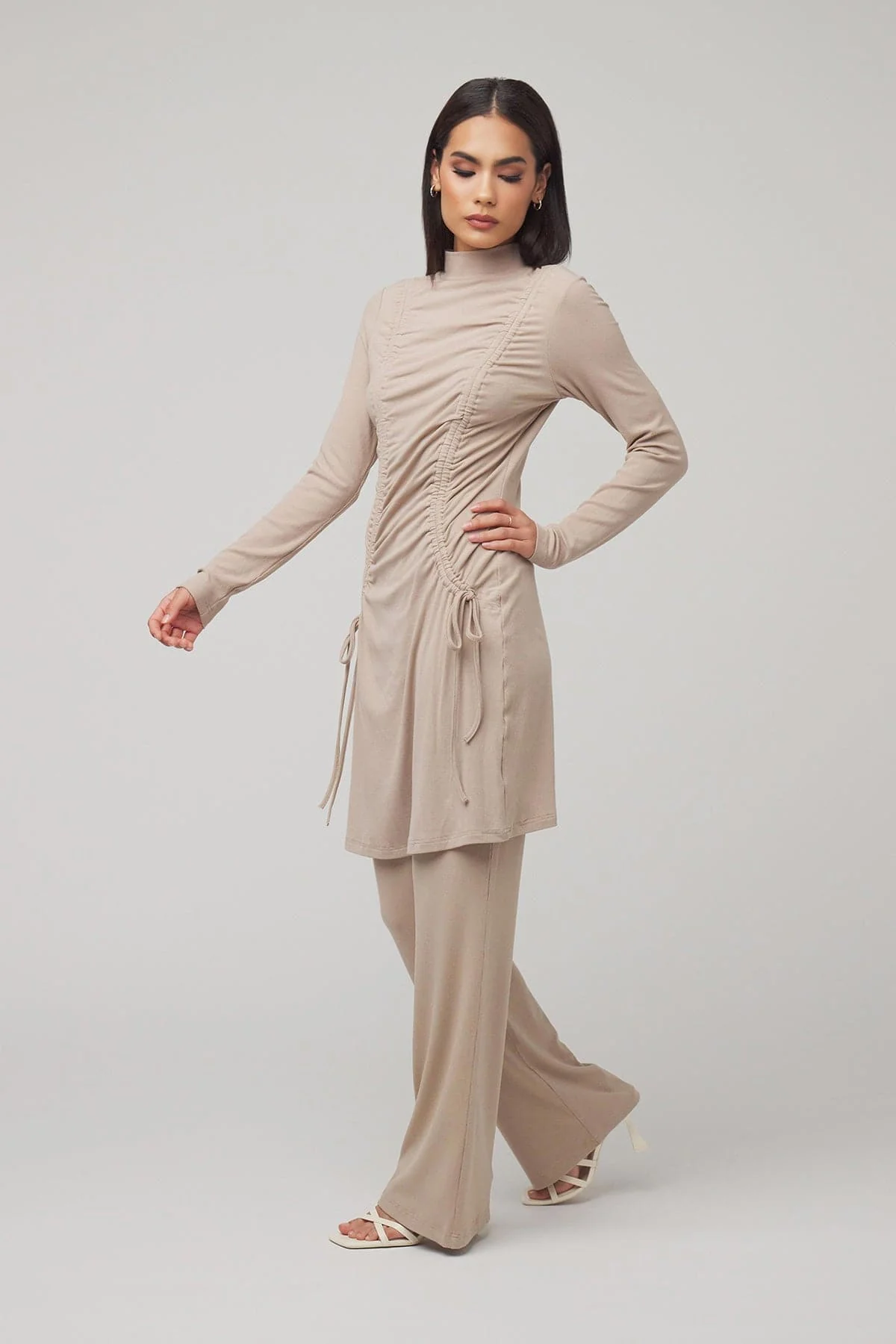 Israa Ribbed Ruched Matching Set - Sand - Image 3
