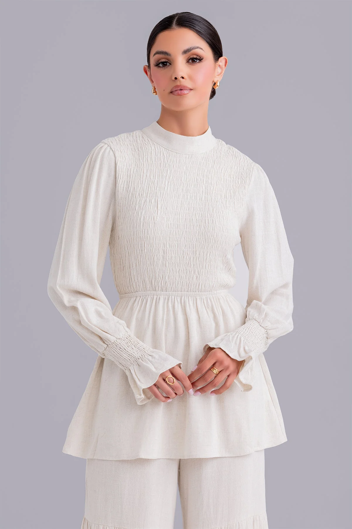 Krina Linen Smock Pant and Top Set - Natural Beige - Image 3