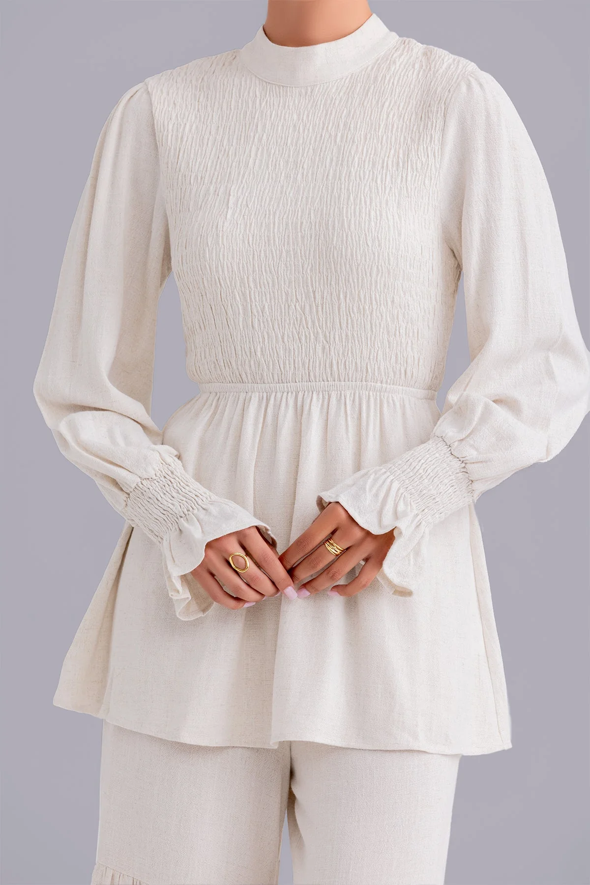 Krina Linen Smock Pant and Top Set - Natural Beige - Image 5