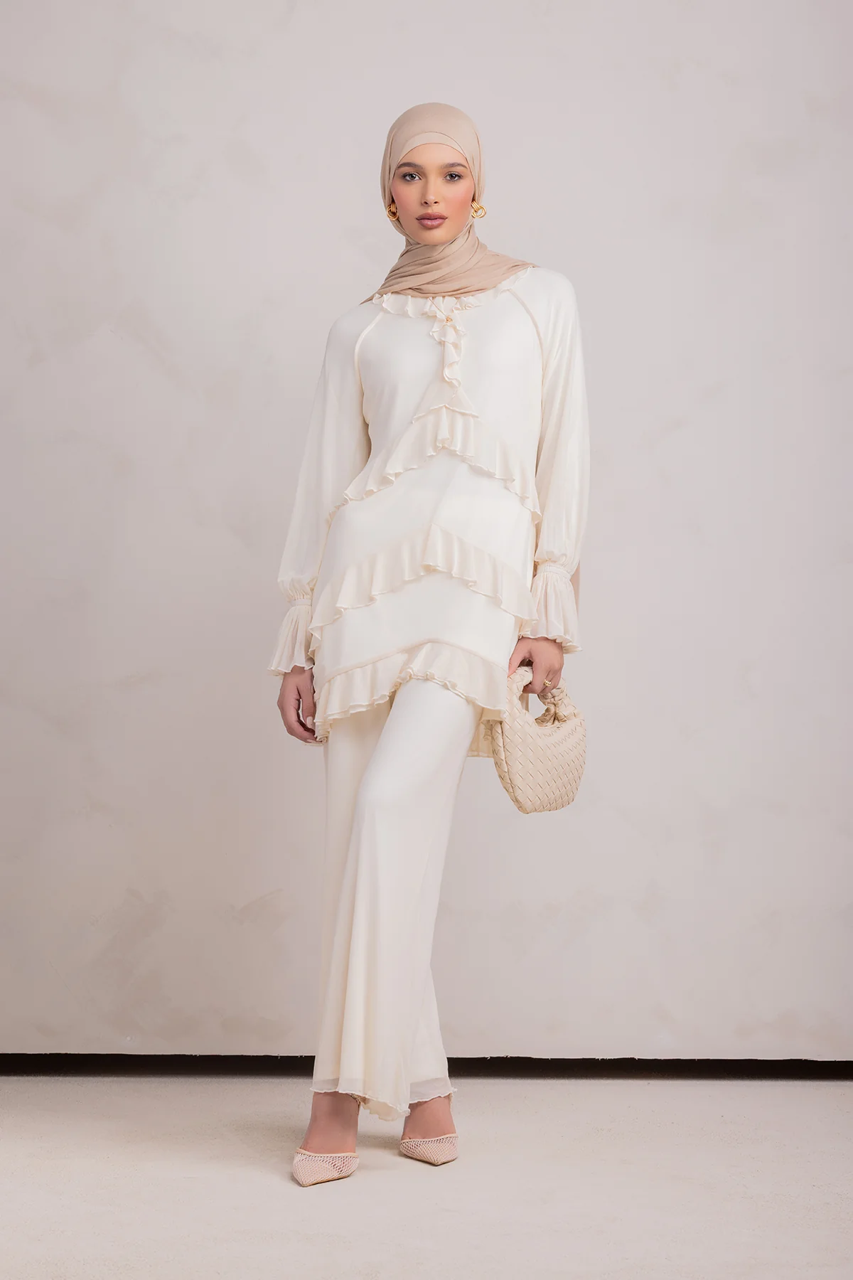 Layali Mesh Top & Pant Set- Off White - Image 3