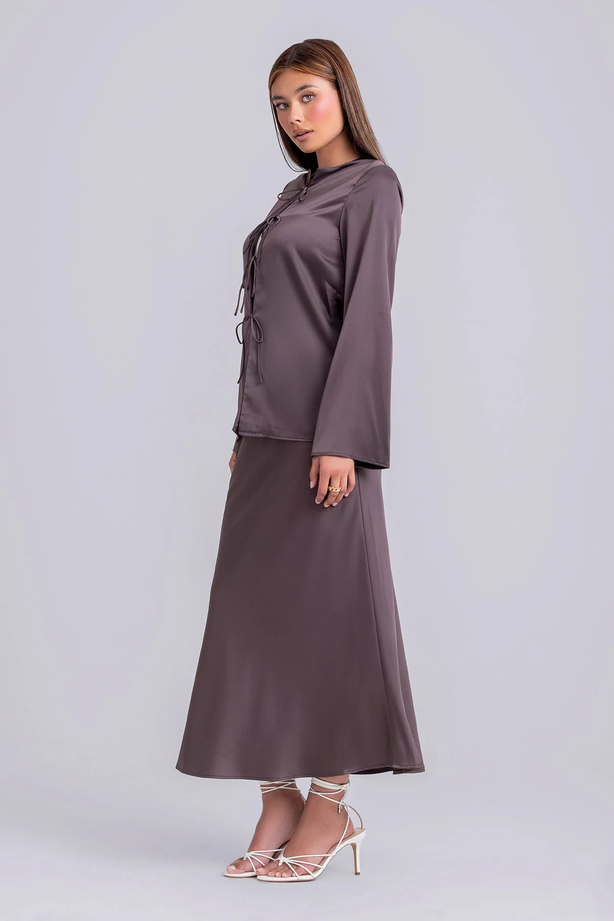 Layan Satin Top and Maxi Skirt Set- Chestnut - Image 3