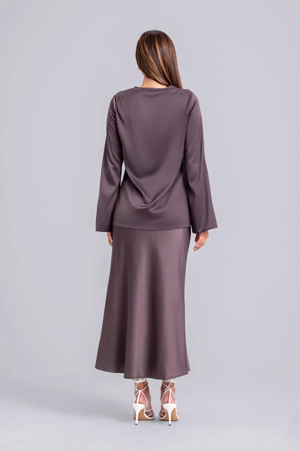 Layan Satin Top and Maxi Skirt Set- Chestnut - Image 4