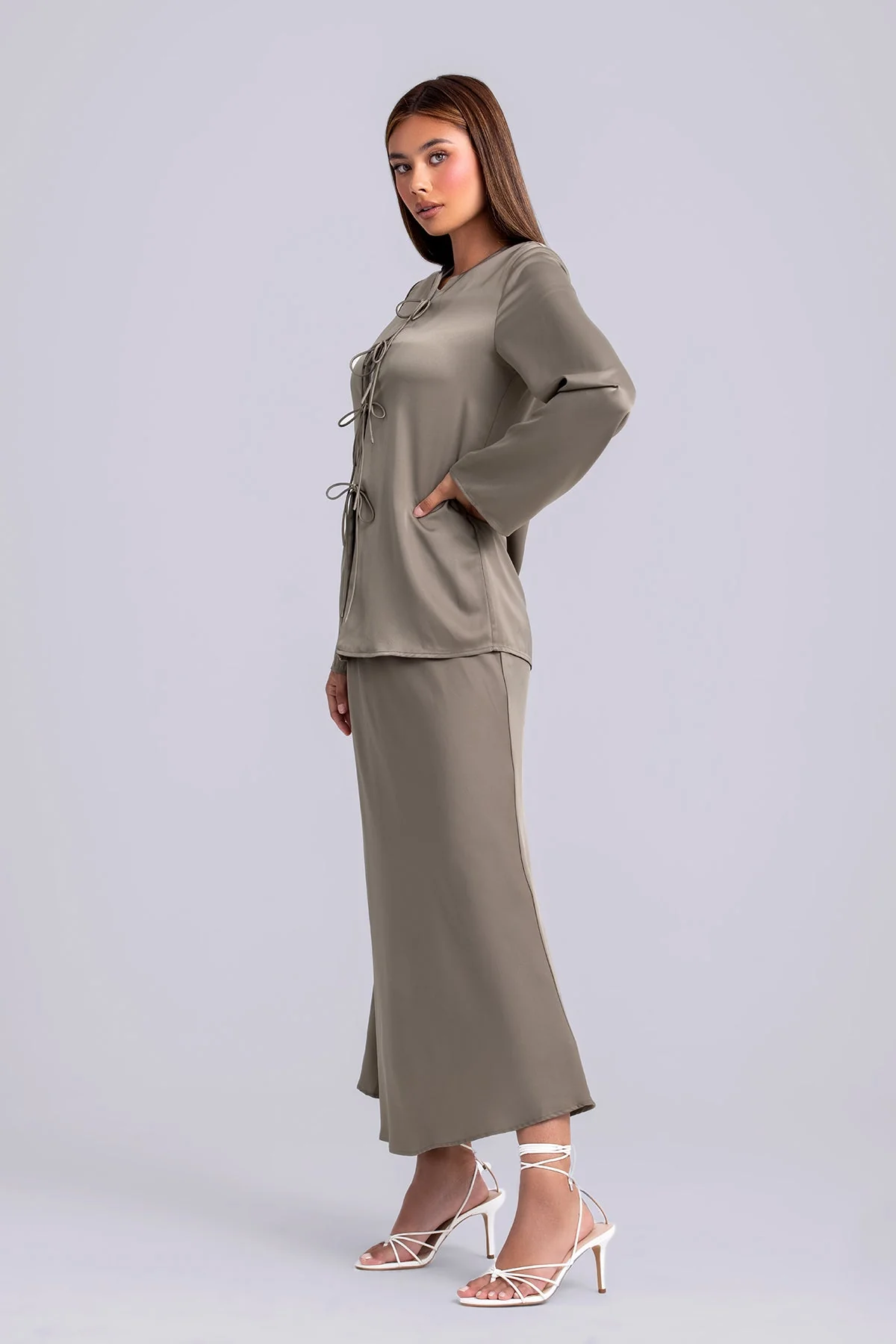 Layan Satin Top and Maxi Skirt Set- Moss - Image 3