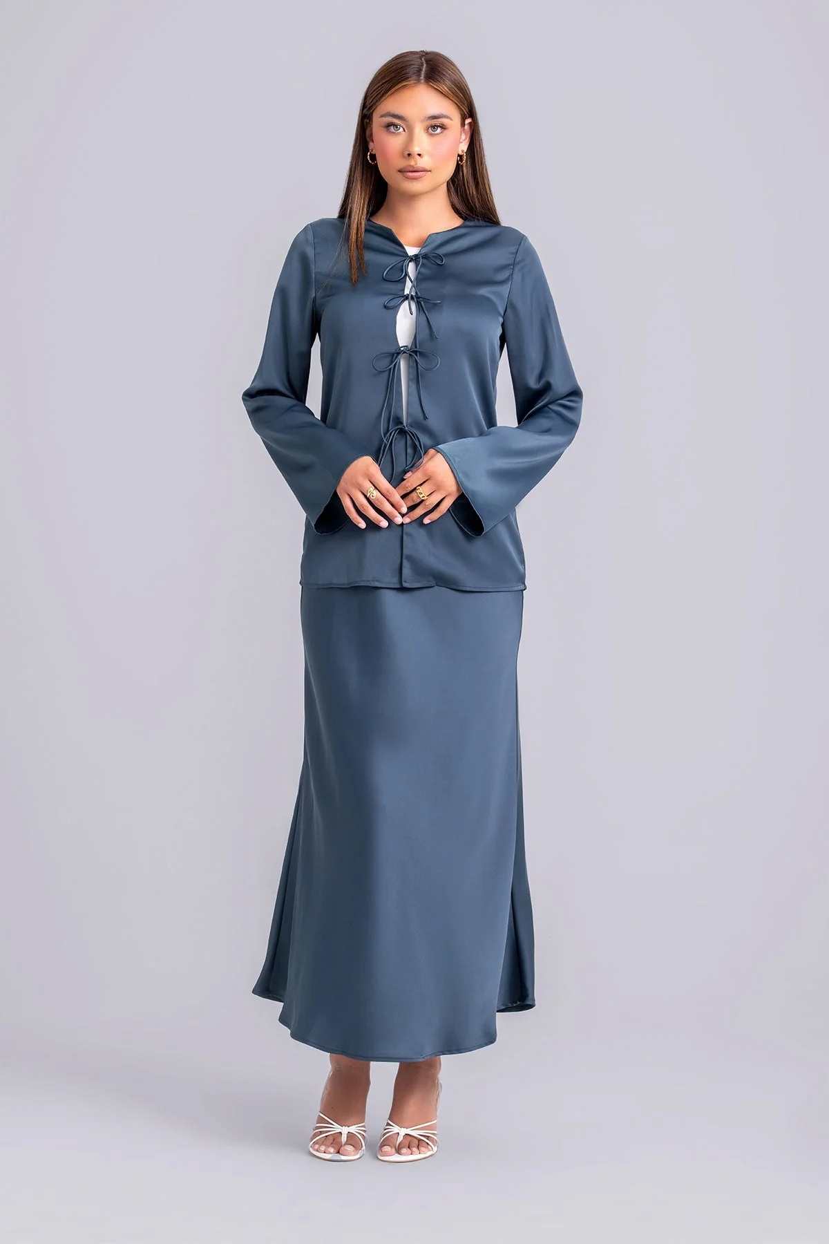 Layan Satin Top and Maxi Skirt Set- Teal - Image 3