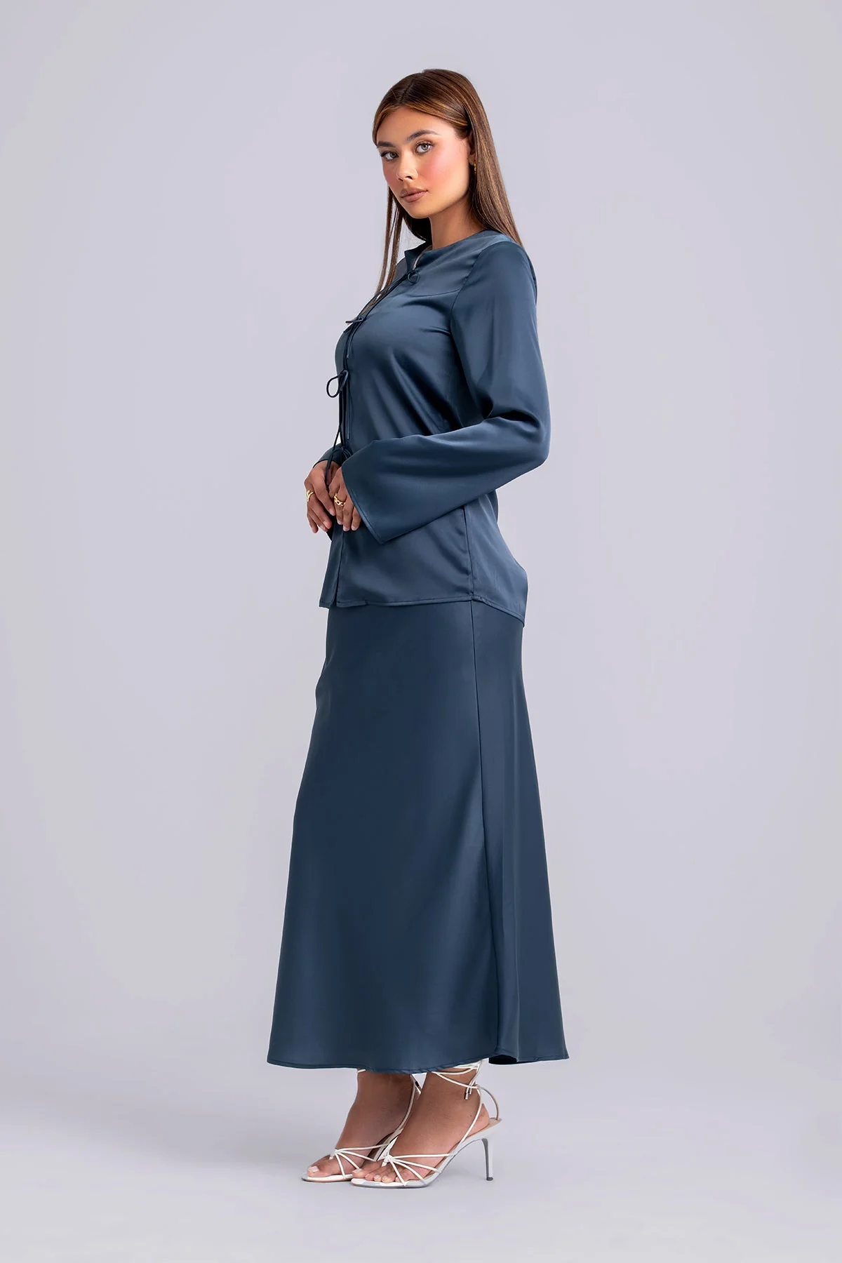 Layan Satin Top and Maxi Skirt Set- Teal - Image 4