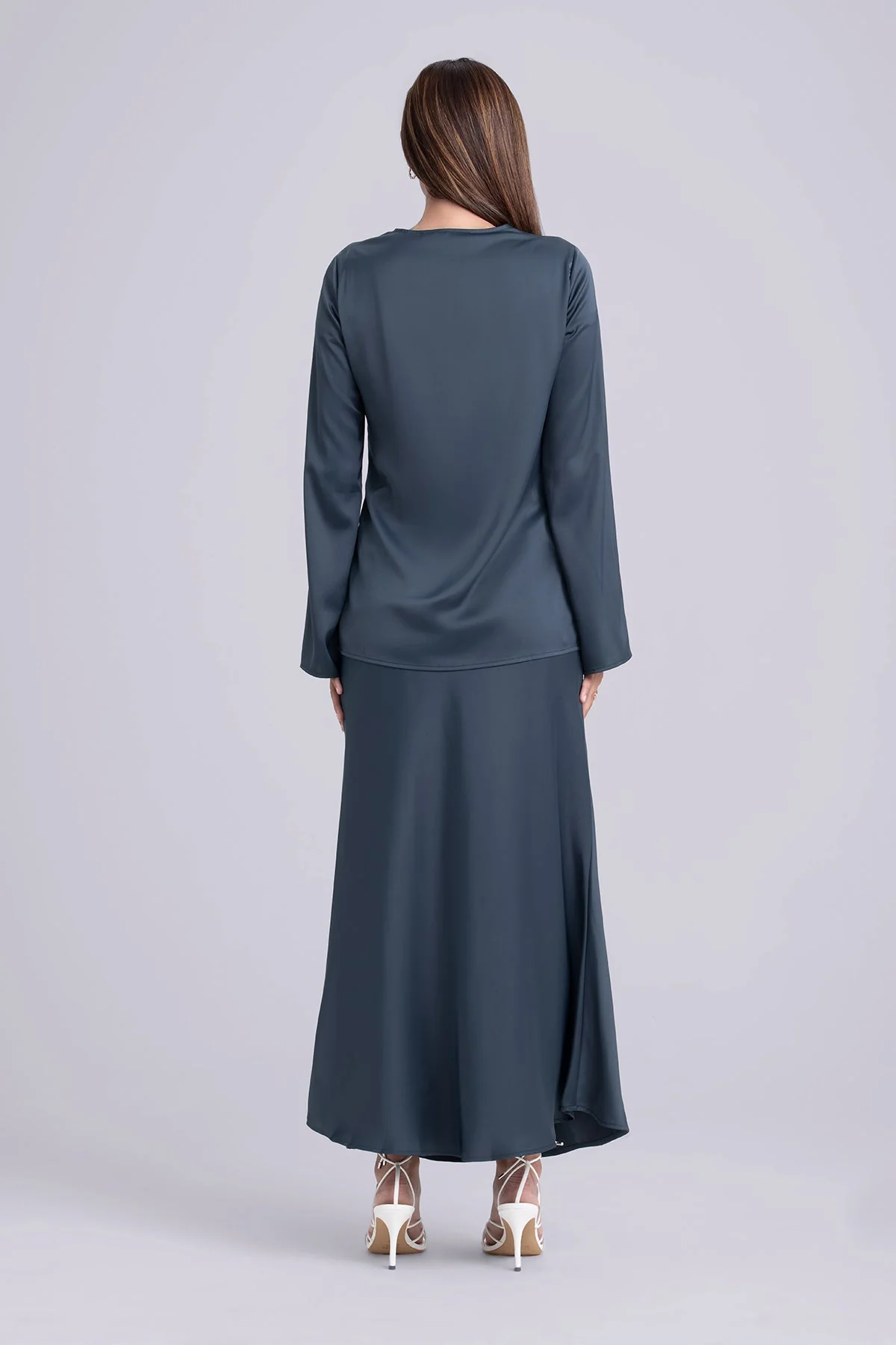 Layan Satin Top and Maxi Skirt Set- Teal - Image 5