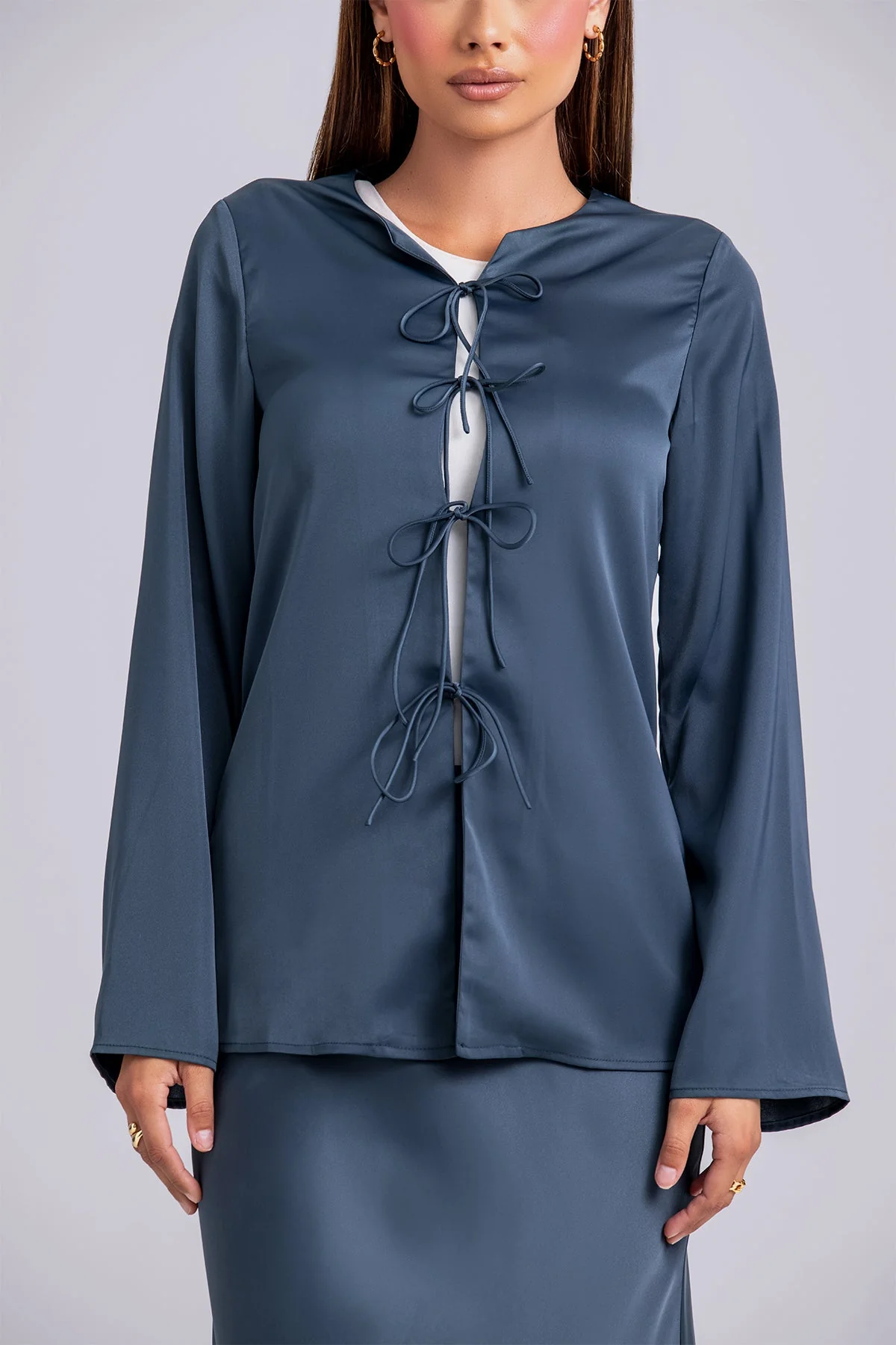 Layan Satin Top and Maxi Skirt Set- Teal - Image 6