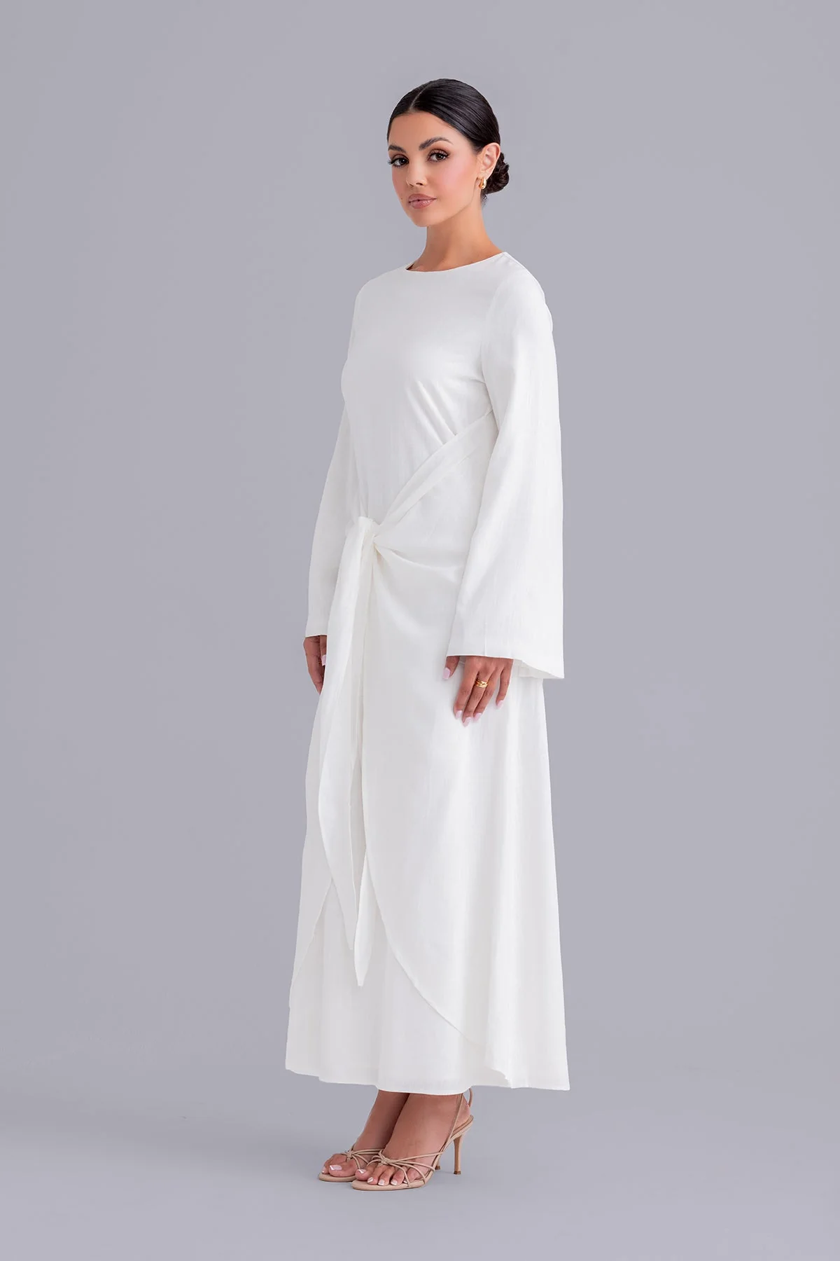 Maryam Tie Waist Linen Maxi Dress - Off White - Image 4
