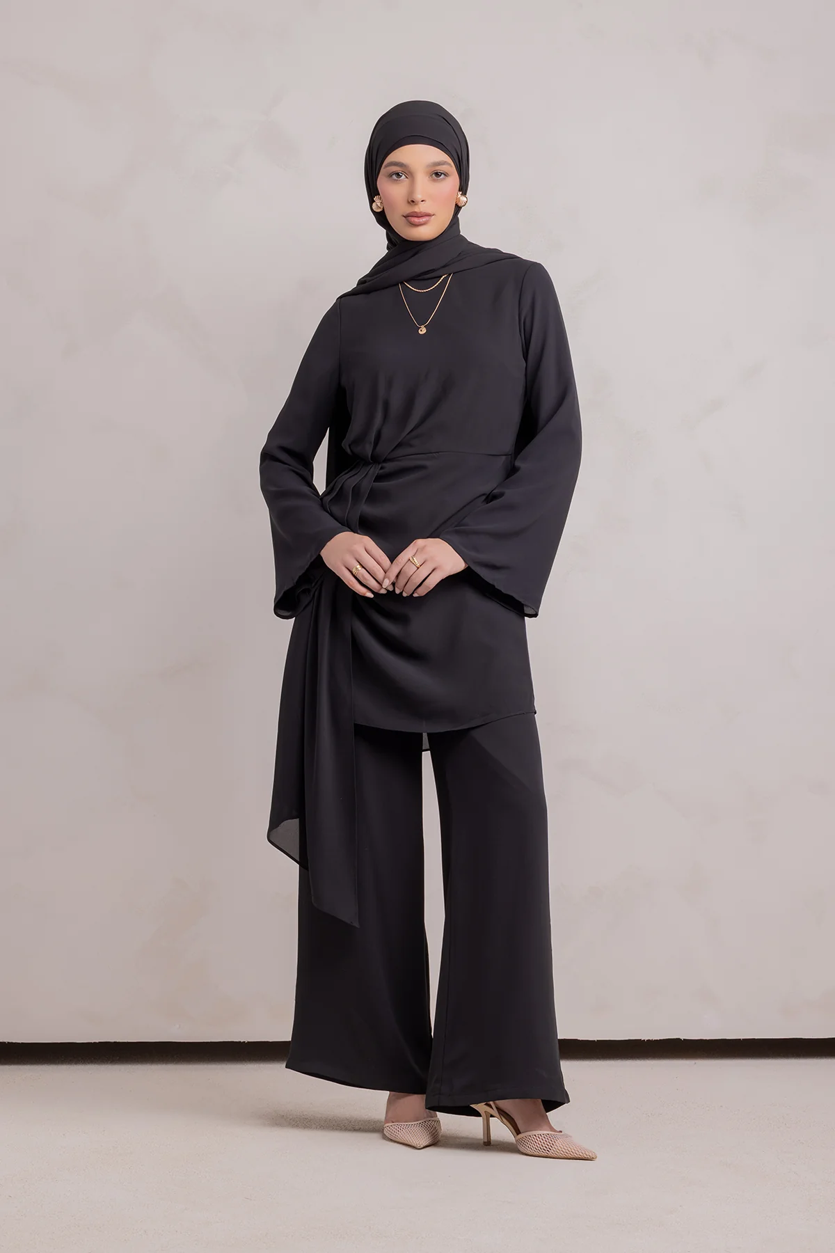 Nada Asymmetrical Tunic & Pant Set - Black - Image 3