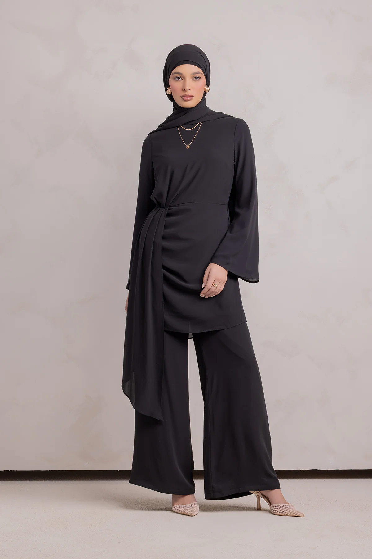 Nada Asymmetrical Tunic & Pant Set - Black - Image 4