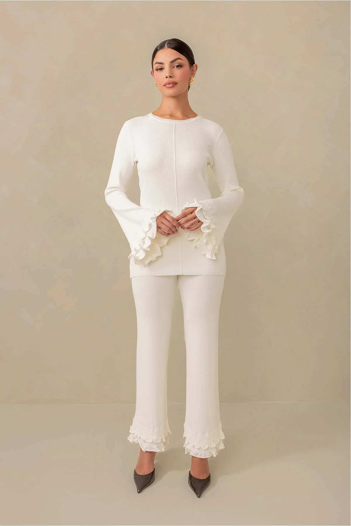 Olivia Ruffle Knit Pant - Cream - Image 4