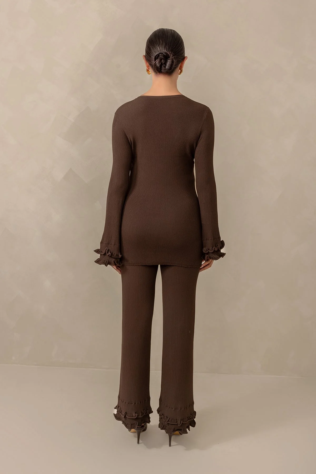 Olivia Ruffle Long Sleeve Knit Top - Brown - Image 6