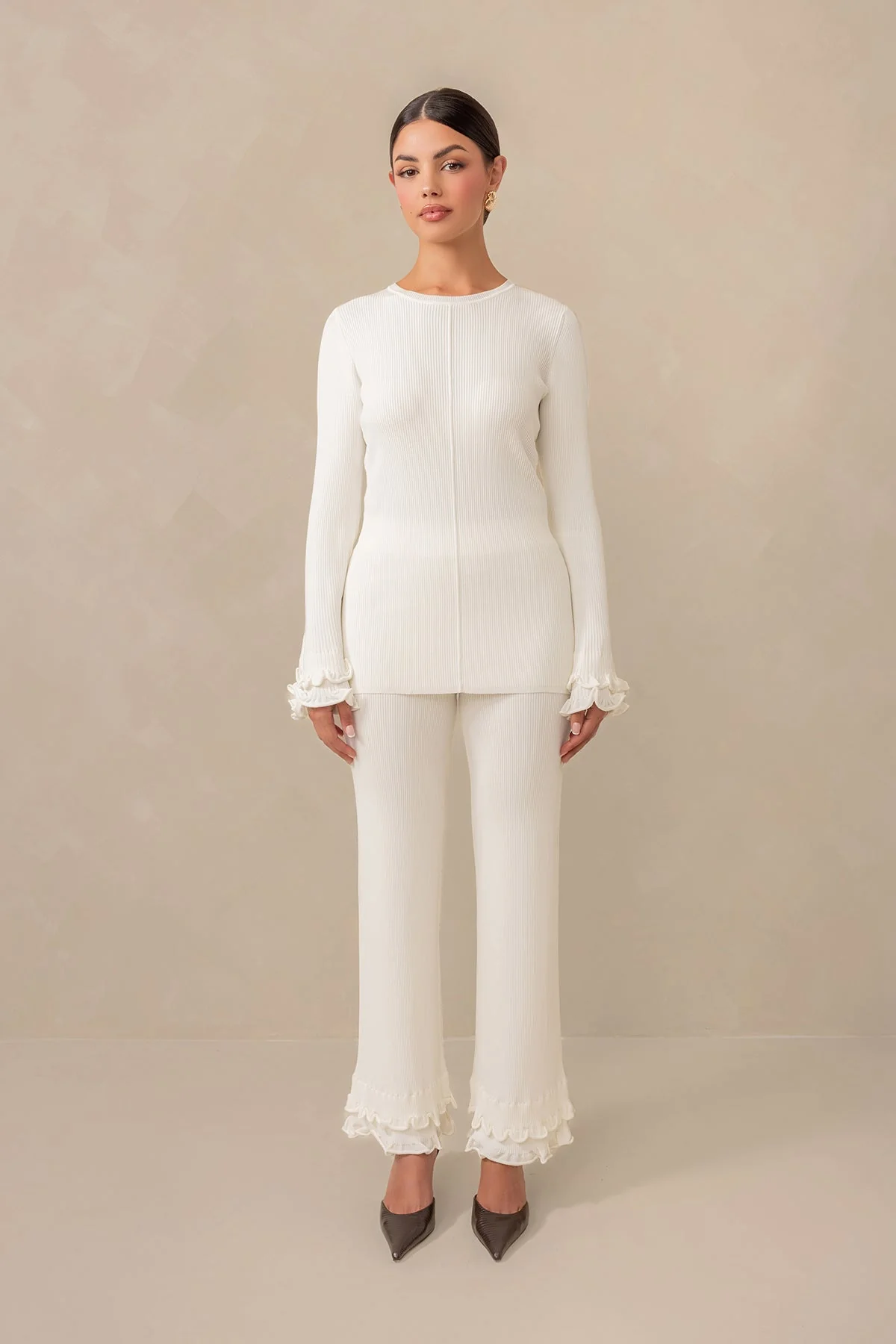 Olivia Ruffle Long Sleeve Knit Top - Cream - Image 3