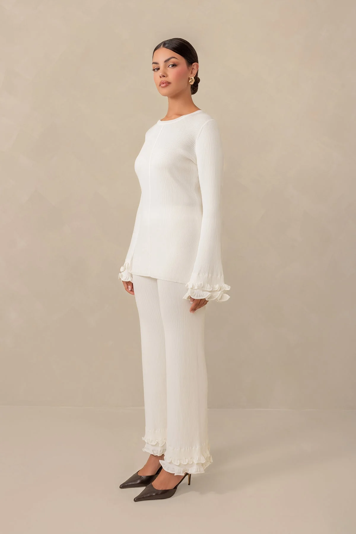 Olivia Ruffle Long Sleeve Knit Top - Cream - Image 5