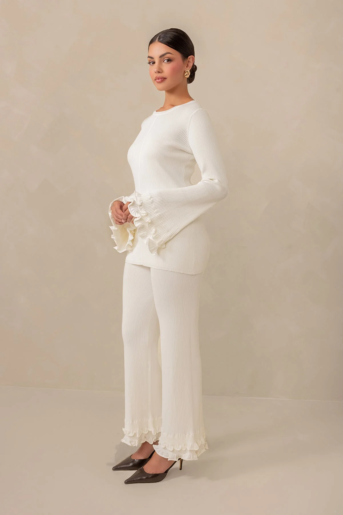 Olivia Ruffle Long Sleeve Knit Top - Cream - Image 6