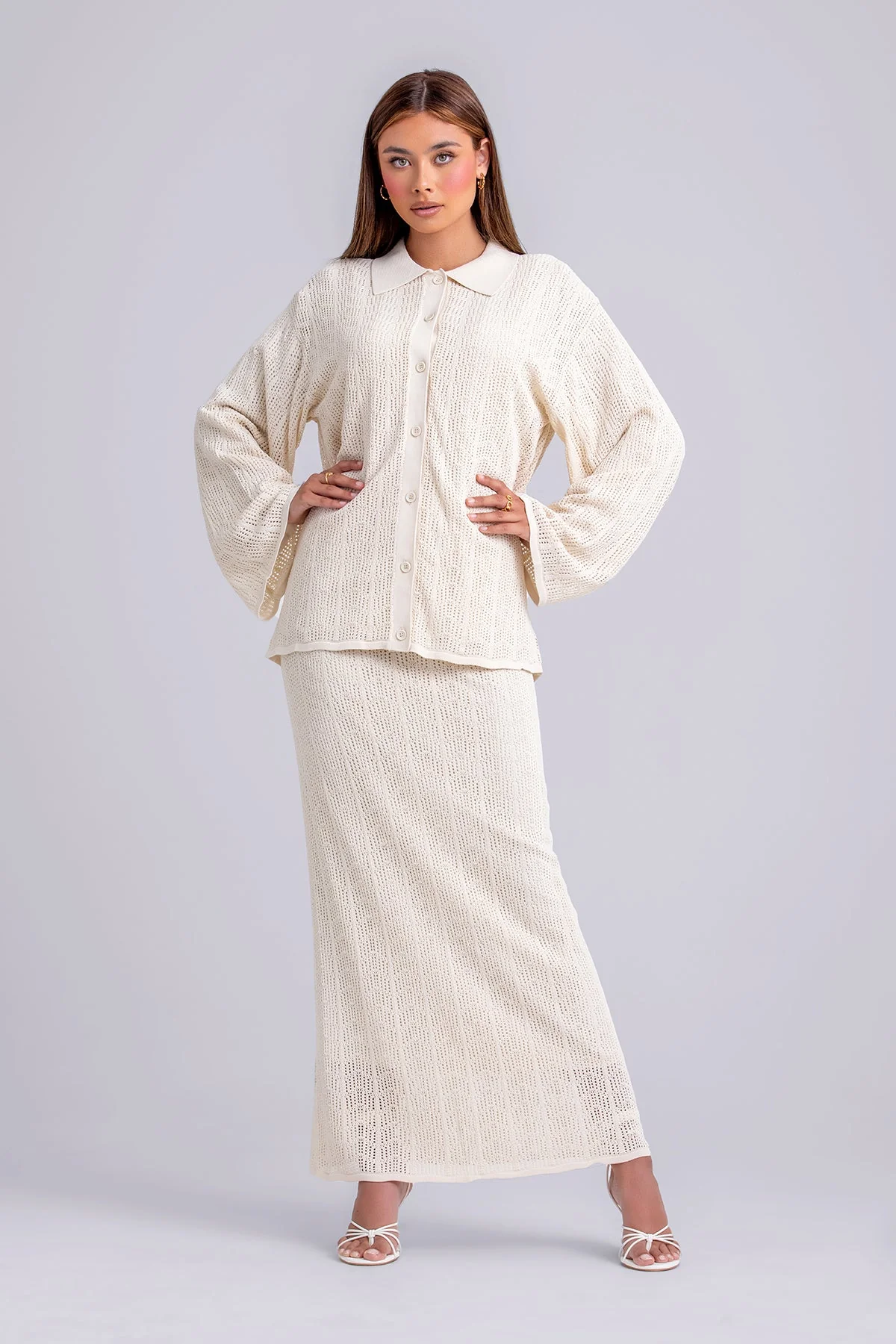 Oula Crochet Top & Maxi Skirt Set- Oatmeal - Image 3