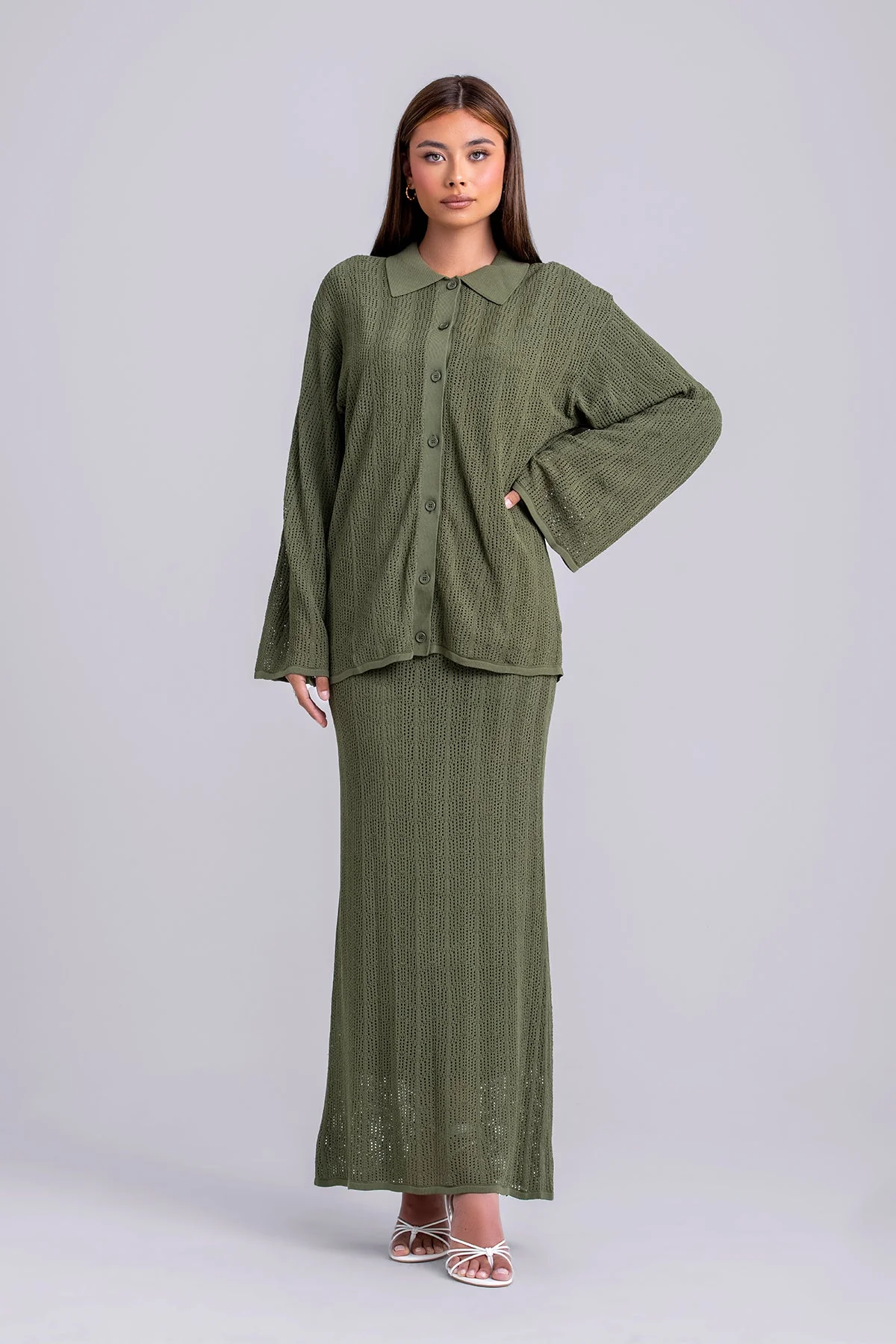 Oula Crochet Top & Maxi Skirt Set- Olive - Image 3