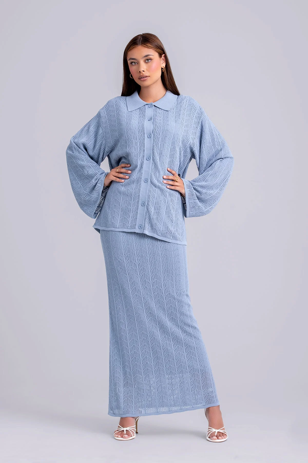 Oula Crochet Top & Maxi Skirt Set- Slate - Image 3