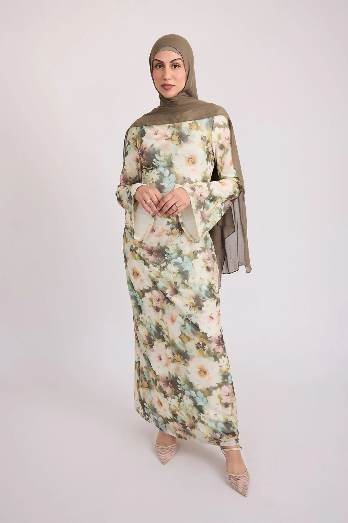Tatiana Synched Satin Maxi Bell Sleeve - Sage Garden - Image 10
